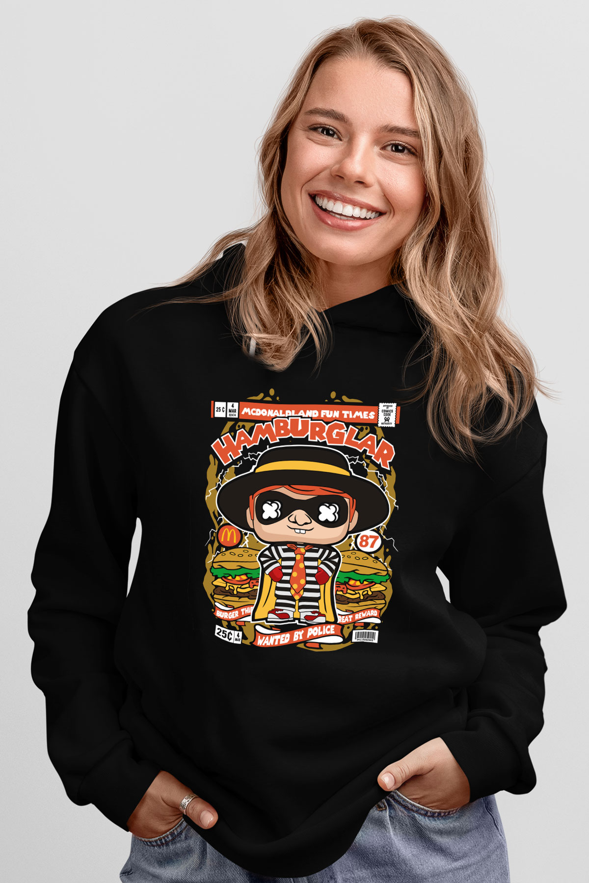 Hamburglar Baskılı Unisex Siyah Hoodie
