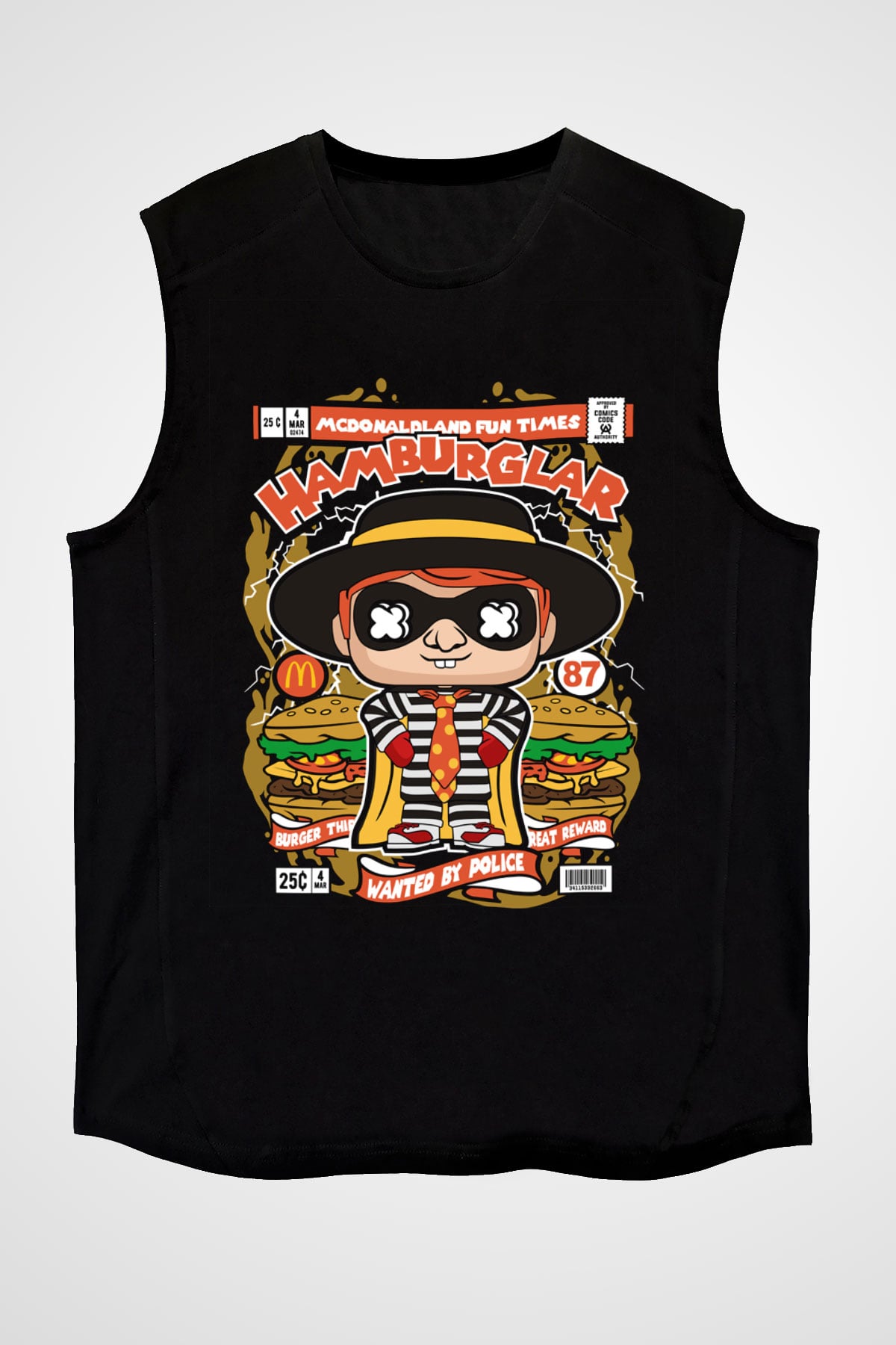Hamburglar Baskılı Unisex Siyah Kolsuz Tişört