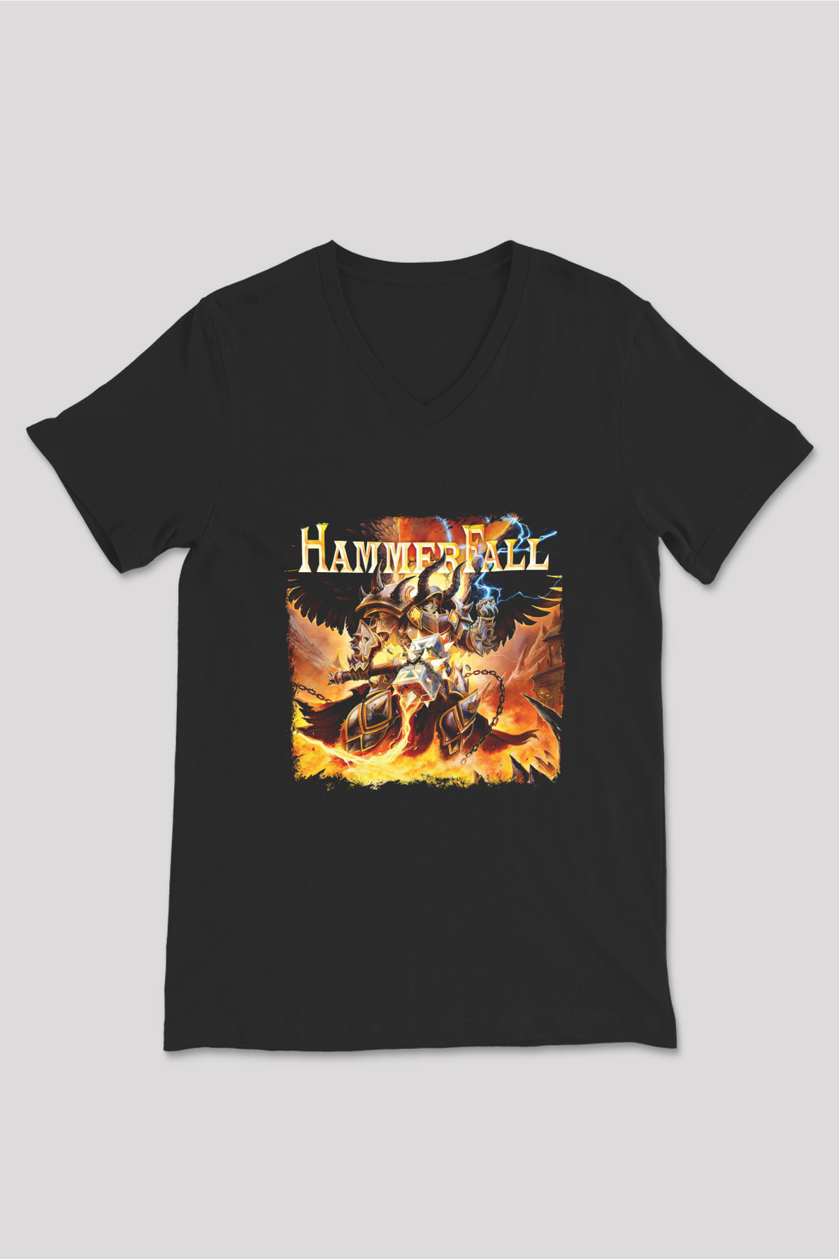 HammerFall Baskılı Unisex Siyah V Yaka Tişört