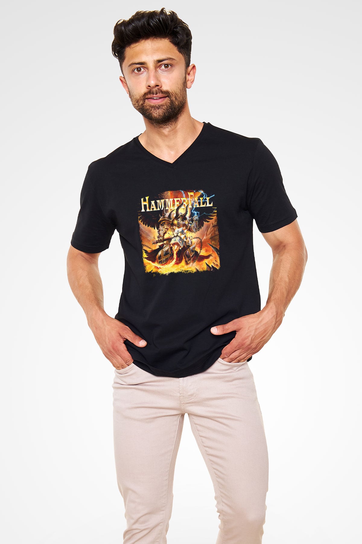 HammerFall Baskılı Unisex Siyah V Yaka Tişört
