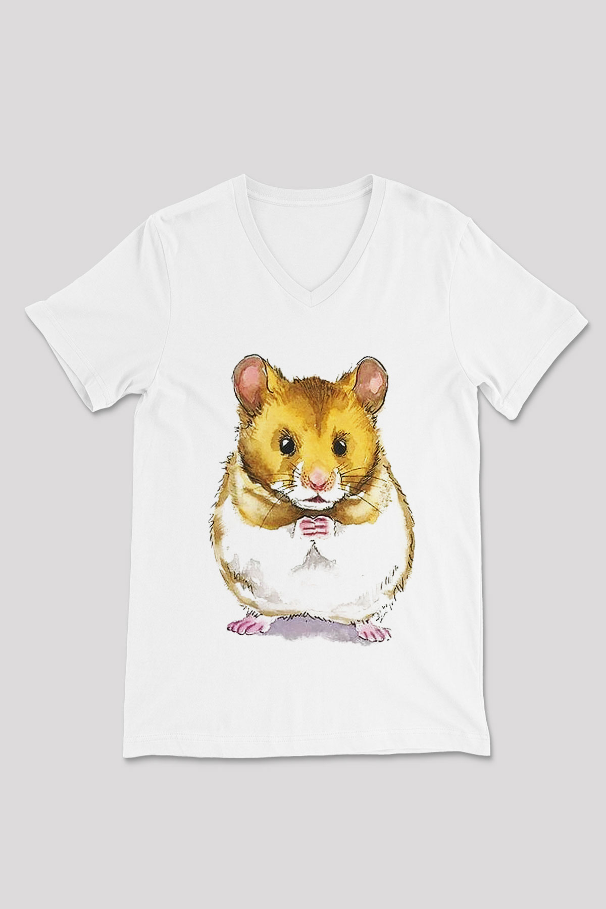 Hamster Beyaz Unisex V Yaka Tişört T-Shirt
