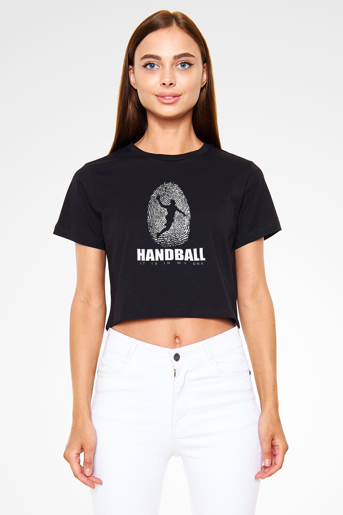 Handball Baskılı Crop Top Siyah Kadın Tişört - Tshirt