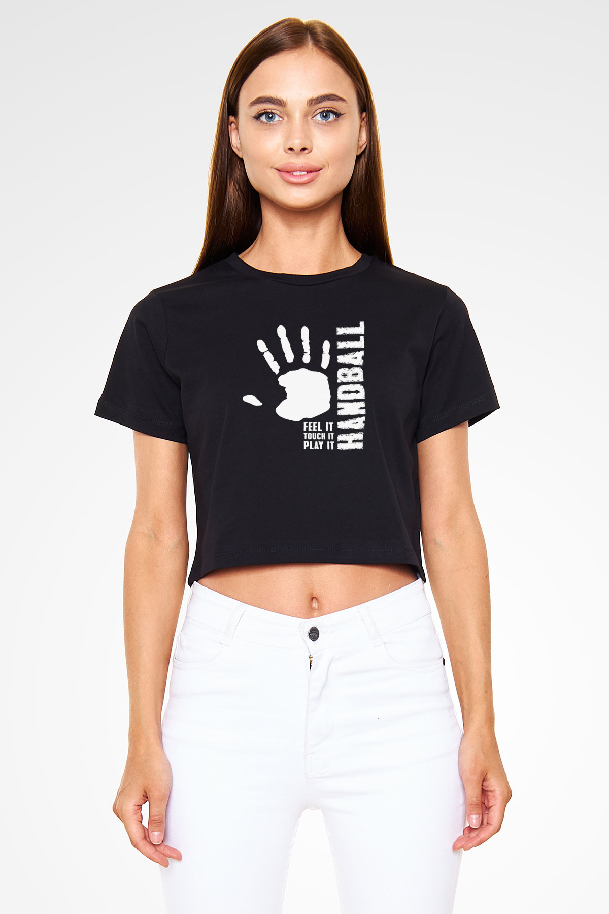 Handball Baskılı Crop Top Siyah Kadın Tişört - Tshirt