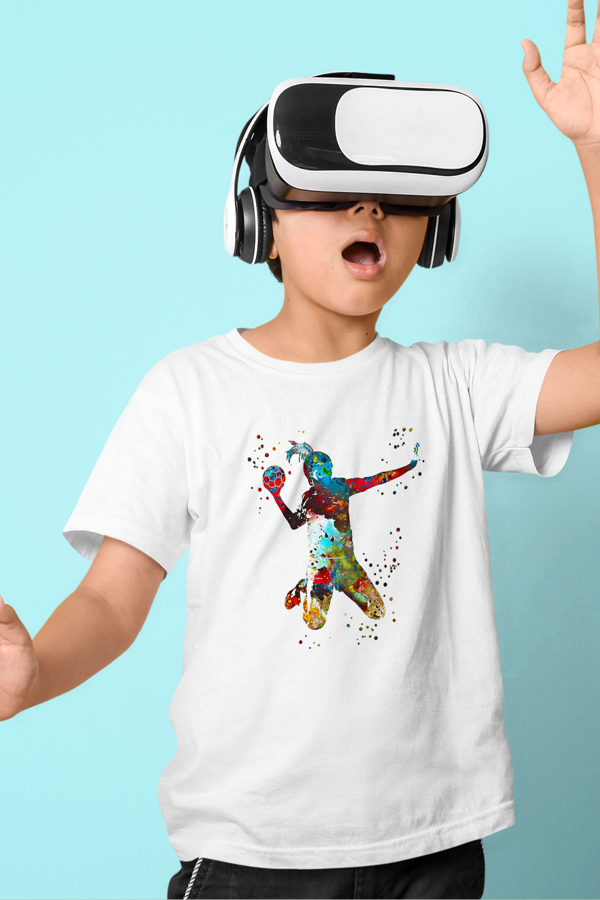 Handball Baskılı Unisex Beyaz Çocuk Tişört - Tshirt