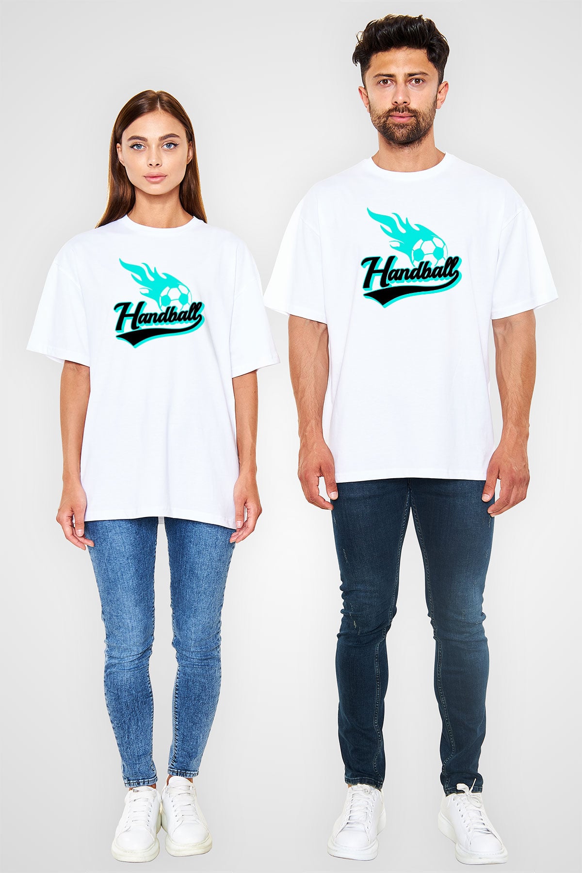 Handball Baskılı Unisex Beyaz Oversize Tişört - Tshirt