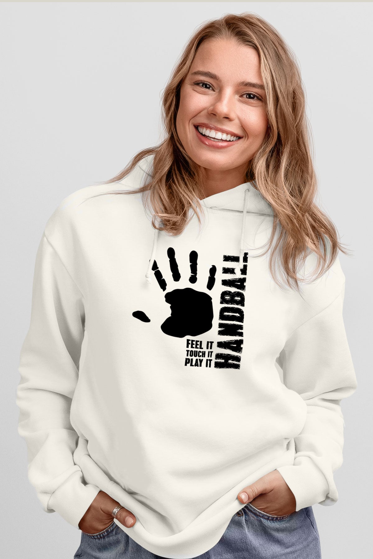 Handball Baskılı Unisex Ekru Hoodie
