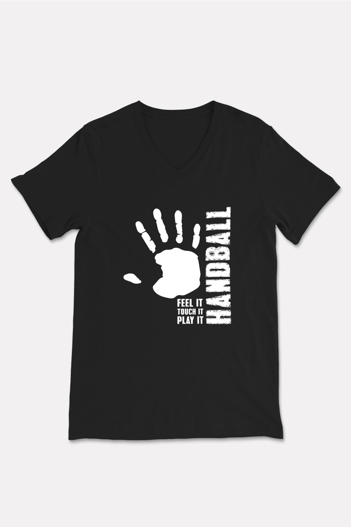 Handball Baskılı Unisex Siyah V Yaka Tişört