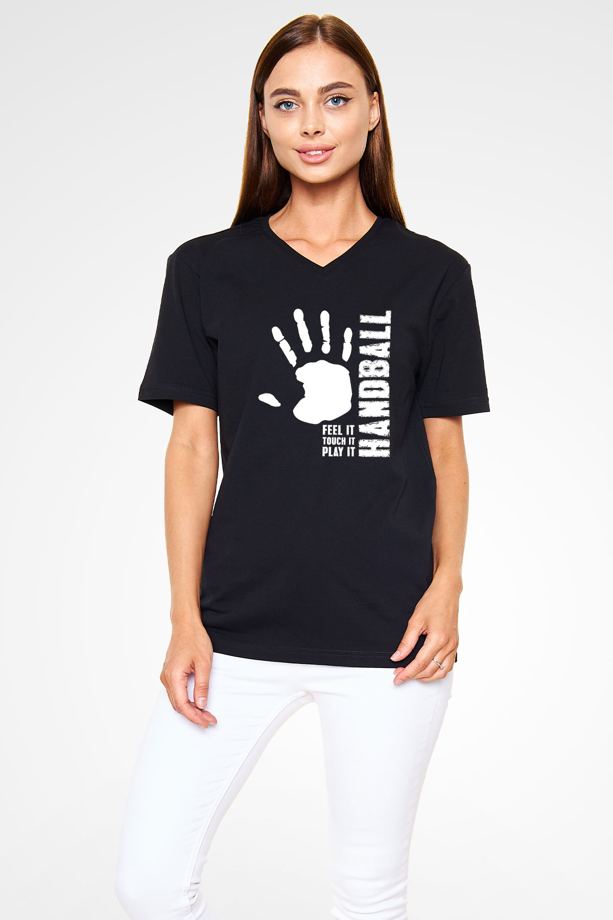 Handball Baskılı Unisex Siyah V Yaka Tişört