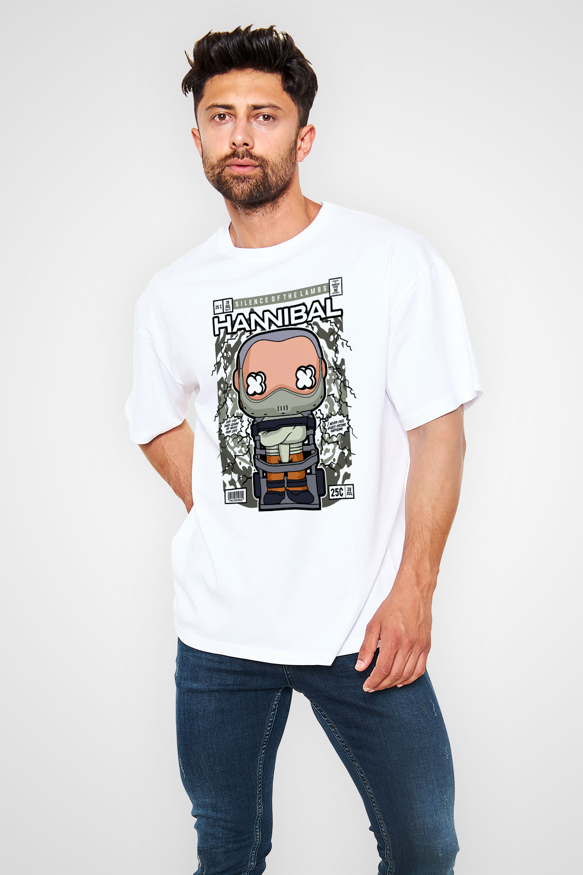 Hannibal Baskılı Unisex Beyaz Oversize Tişört