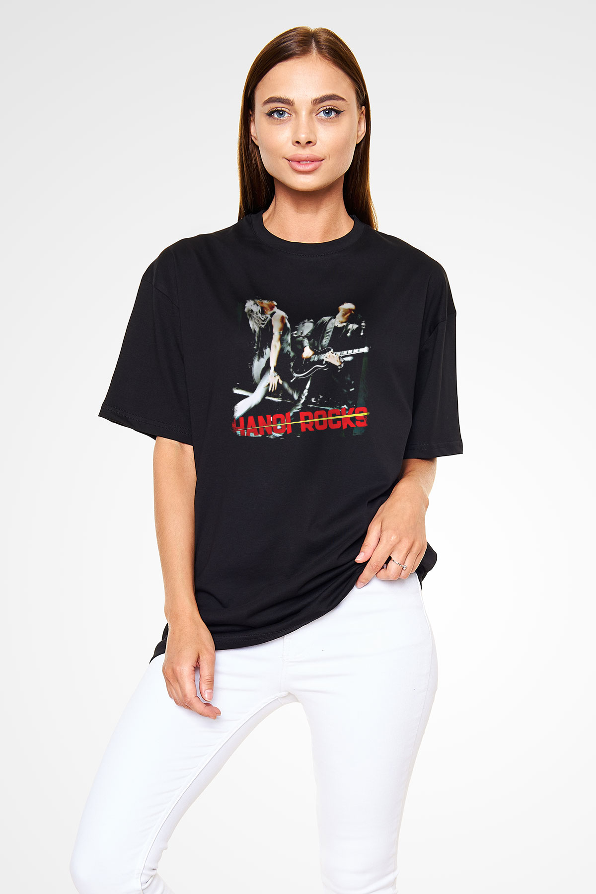 Hanoi Rocks Baskılı Unisex Siyah Oversize Tişört