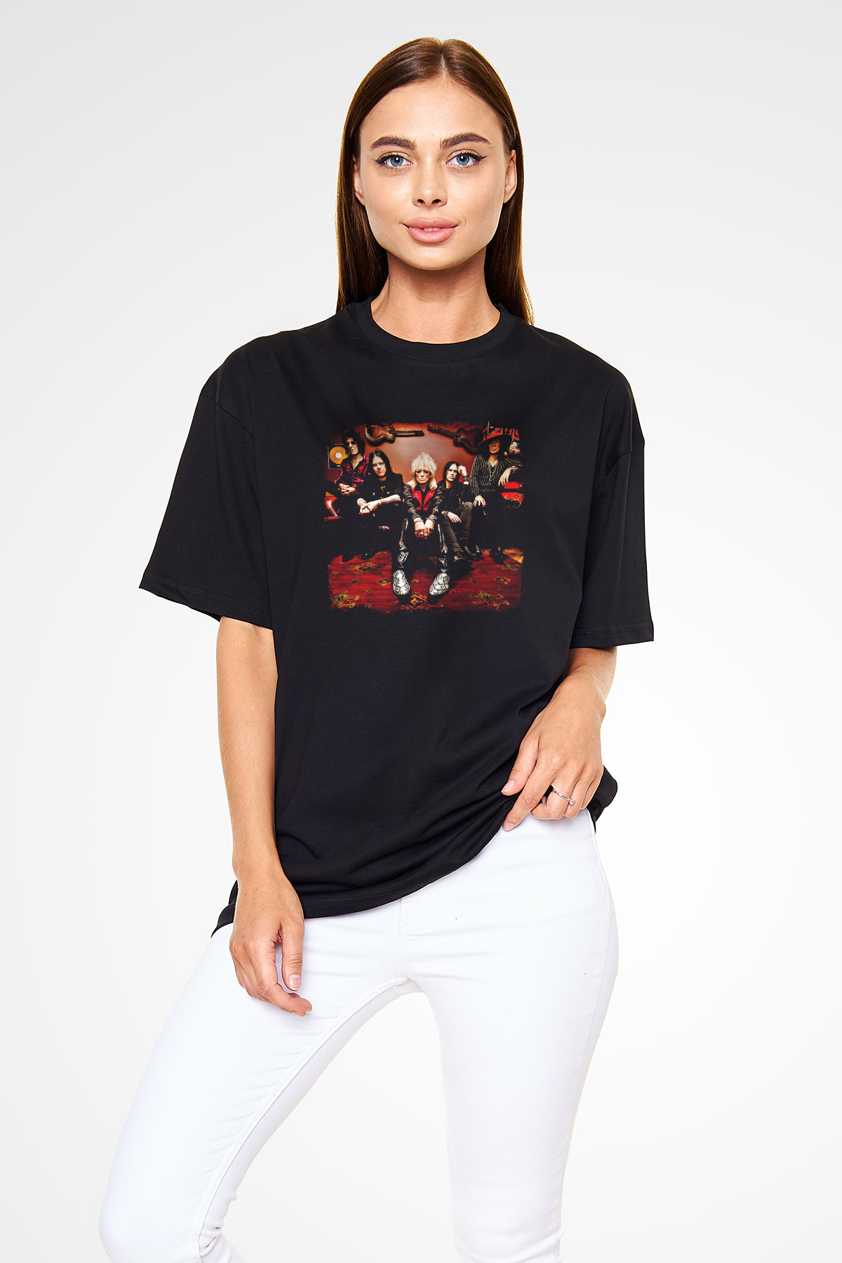 Hanoi Rocks Baskılı Unisex Siyah Oversize Tişört