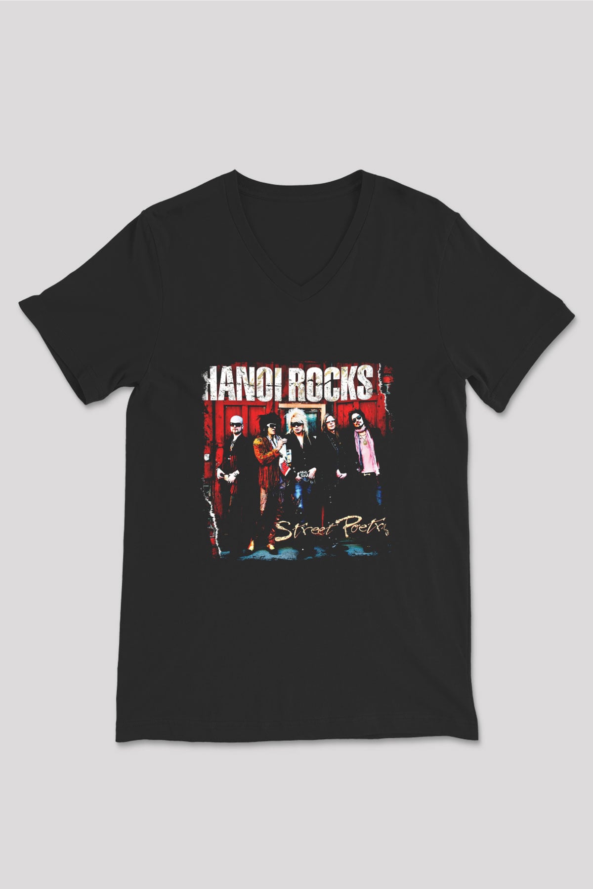 Hanoi Rocks Baskılı Unisex Siyah V Yaka Tişört