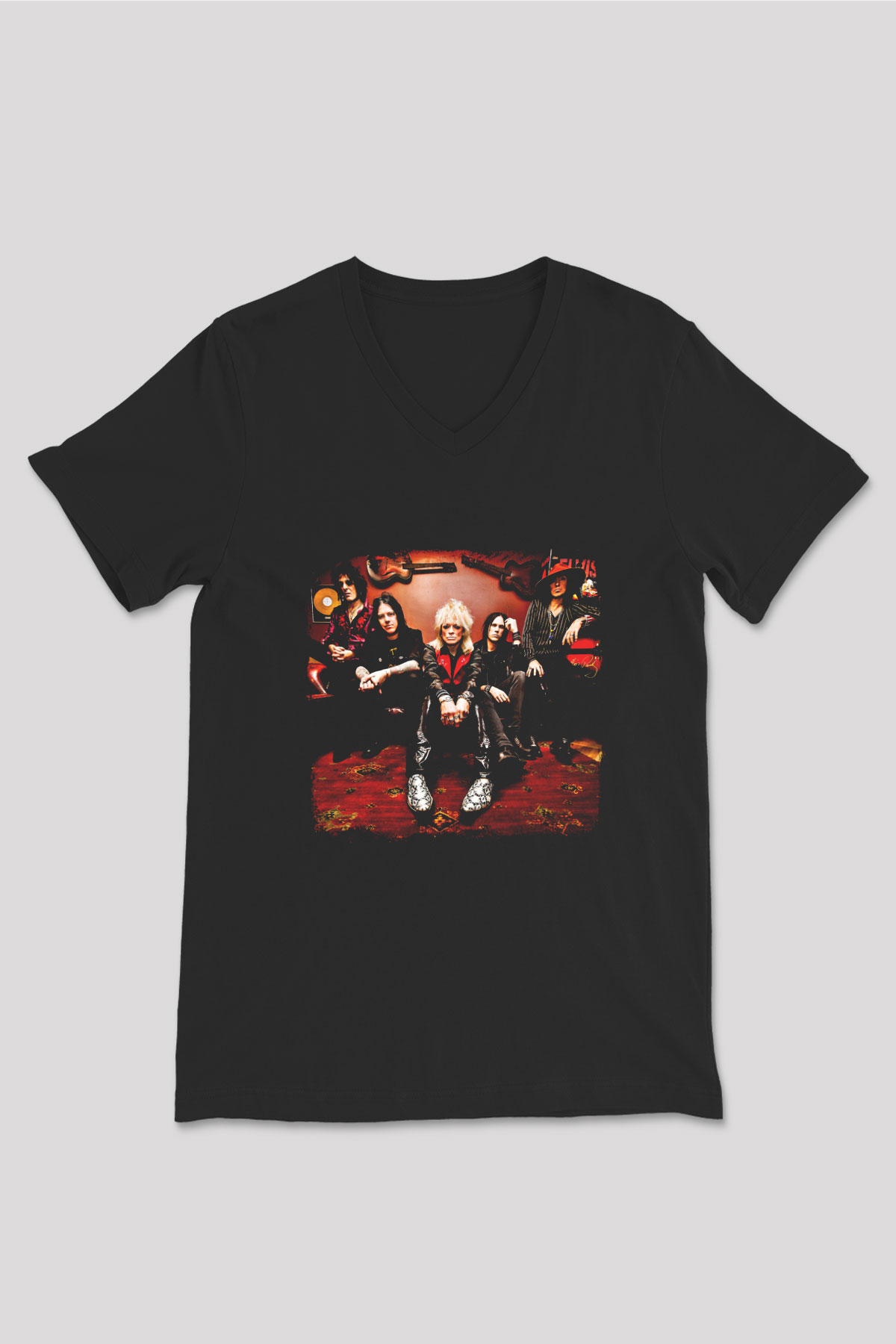 Hanoi Rocks Baskılı Unisex Siyah V Yaka Tişört