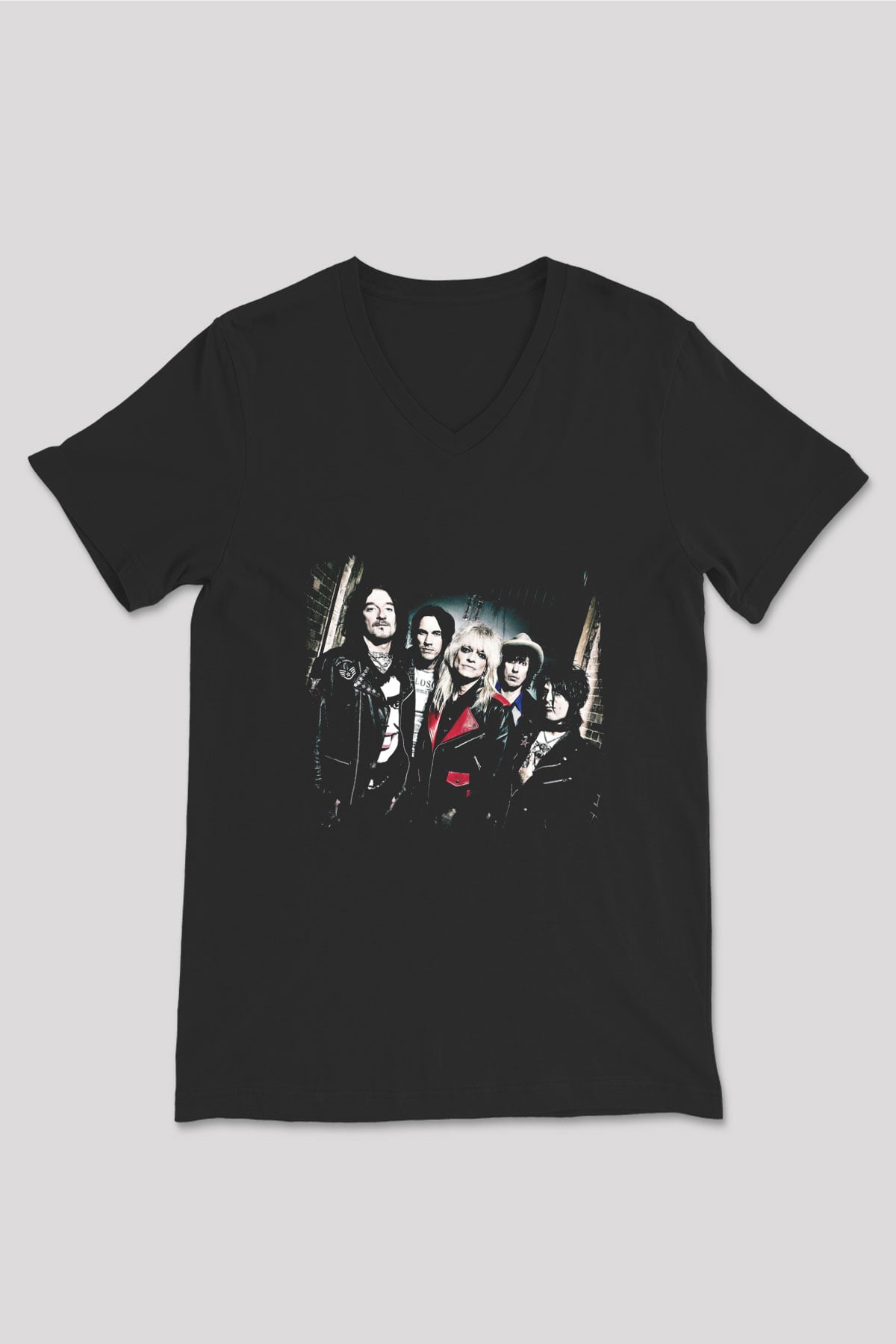 Hanoi Rocks Baskılı Unisex Siyah V Yaka Tişört