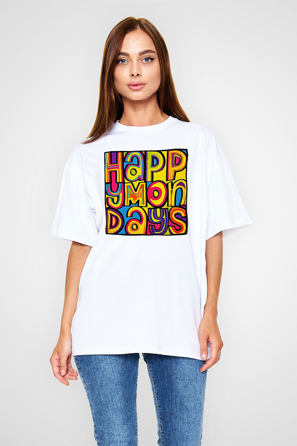 Happy Mondays Baskılı Beyaz Unisex Oversize Tişört - Tshirt