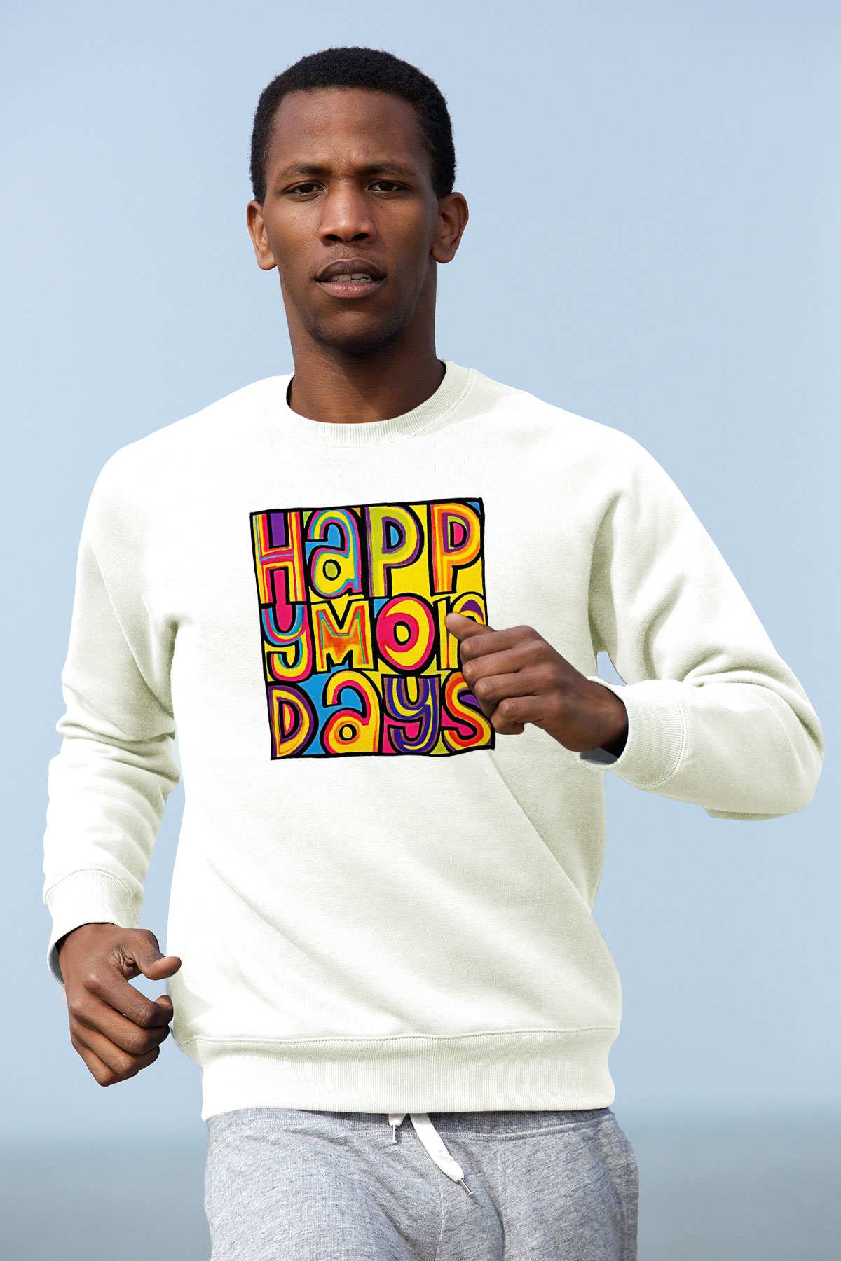 Happy Mondays Baskılı Beyaz Unisex Sweatshirt