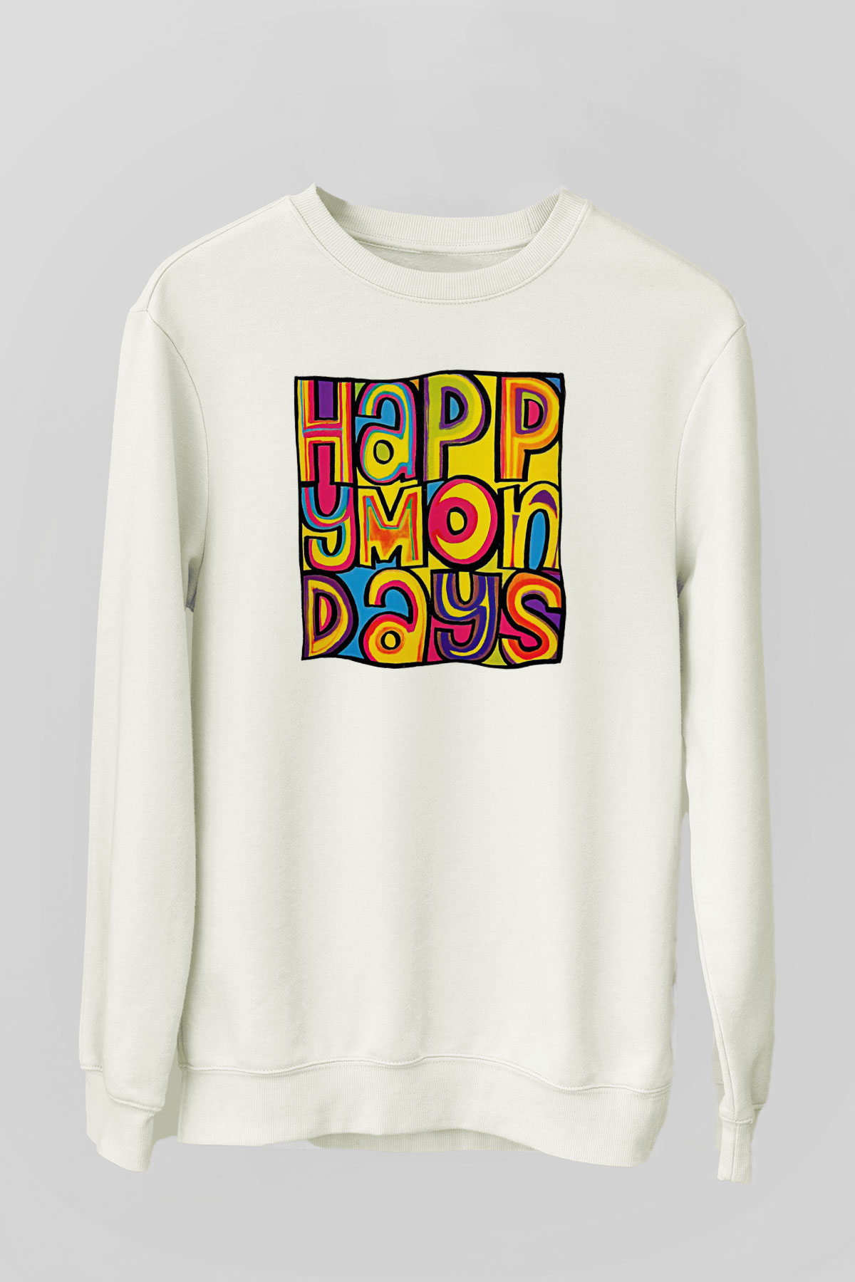 Happy Mondays Baskılı Beyaz Unisex Sweatshirt