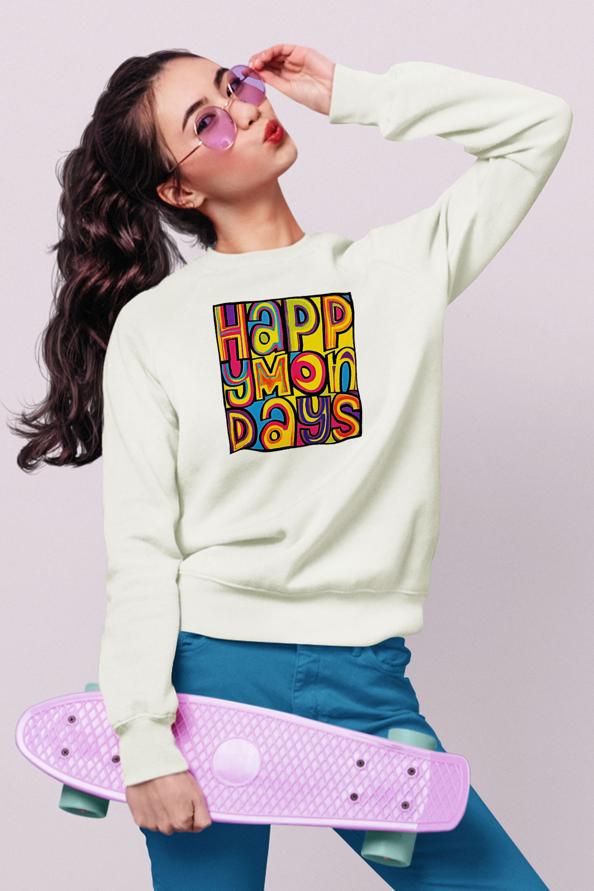 Happy Mondays Baskılı Beyaz Unisex Sweatshirt