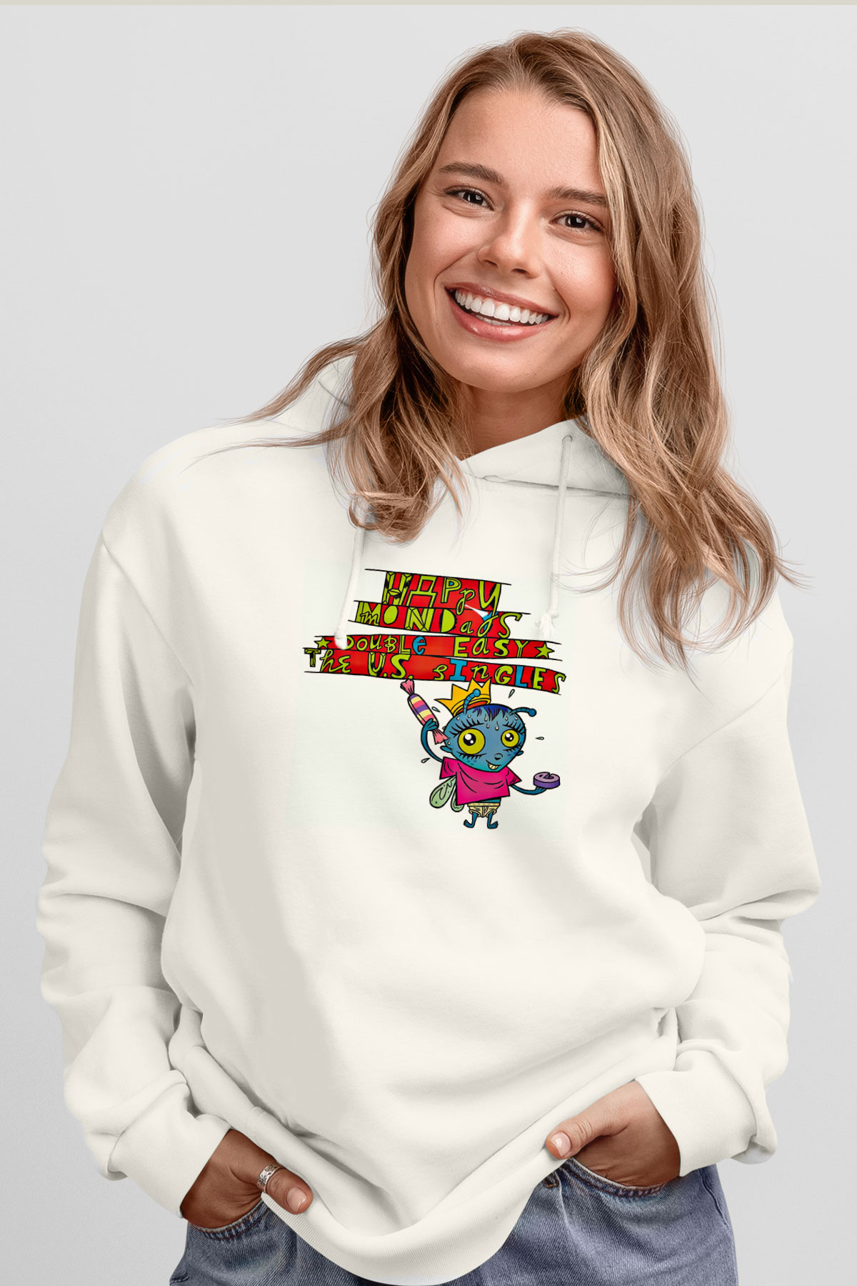 Happy Mondays Baskılı Unisex Beyaz Hoodie