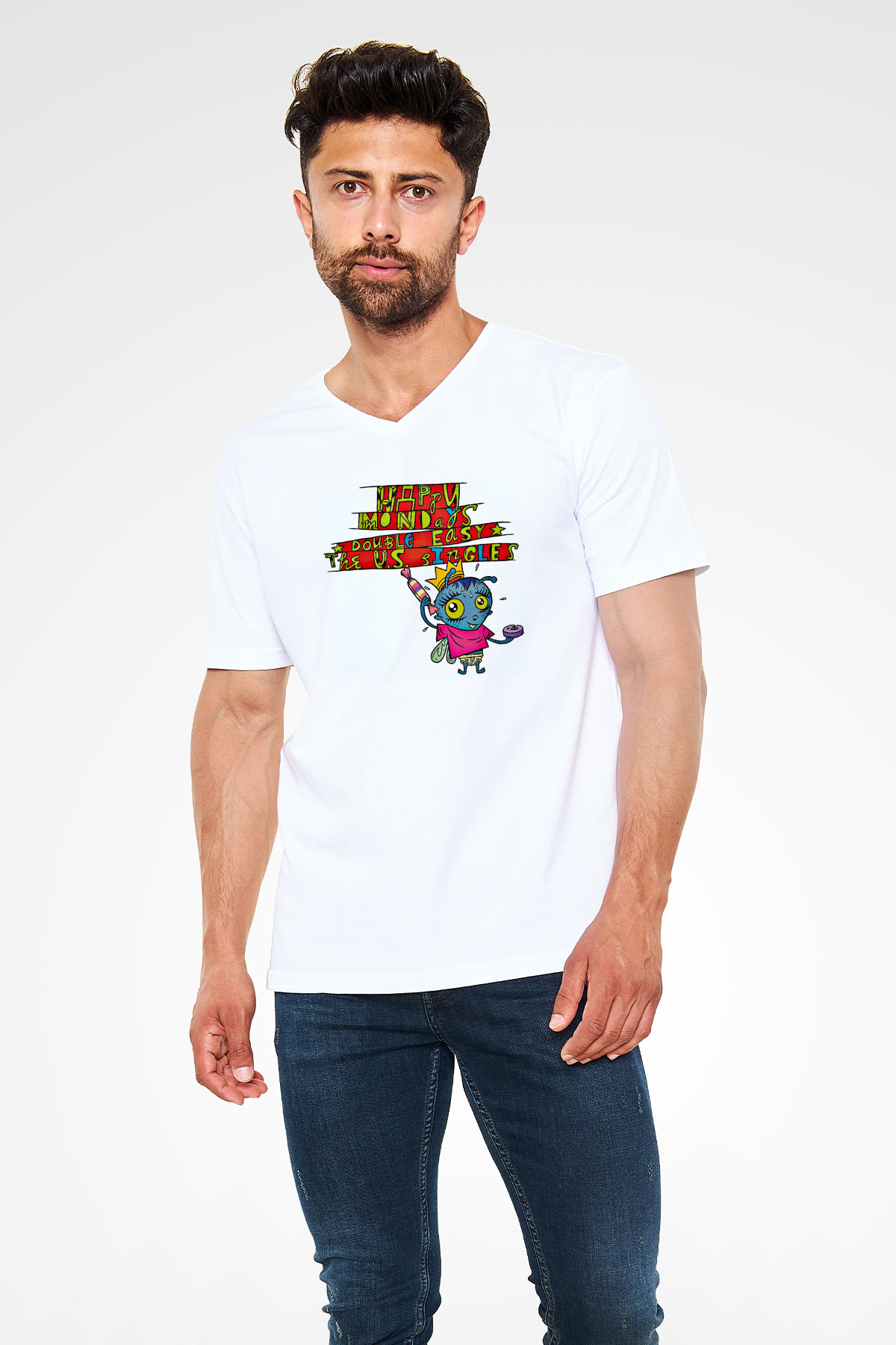 Happy Mondays Baskılı Unisex Beyaz V Yaka Tişört