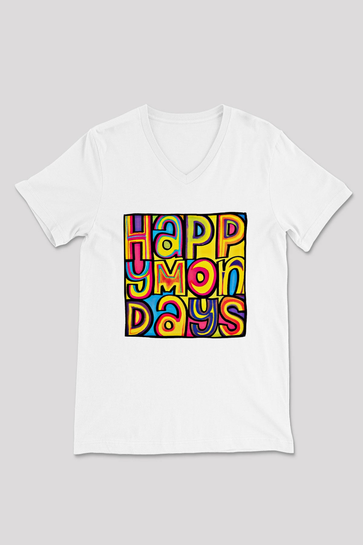 Happy Mondays Baskılı Unisex Beyaz V Yaka Tişört