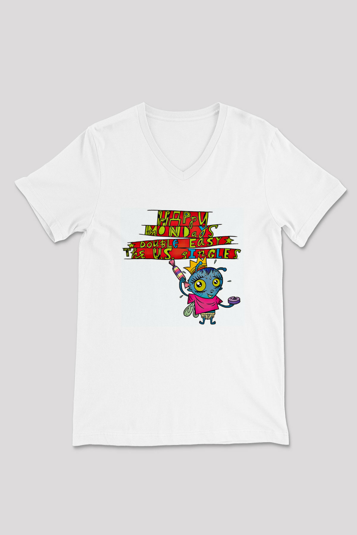 Happy Mondays Baskılı Unisex Beyaz V Yaka Tişört