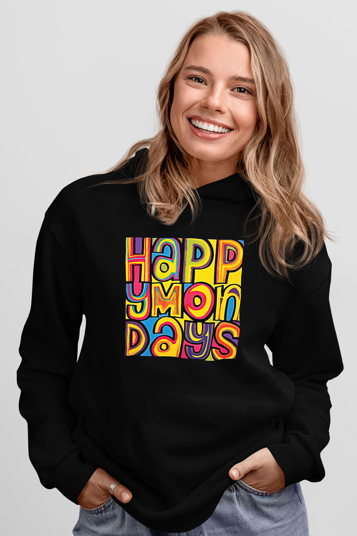 Happy Mondays Baskılı Unisex Siyah Kapüşonlu Sweatshirt