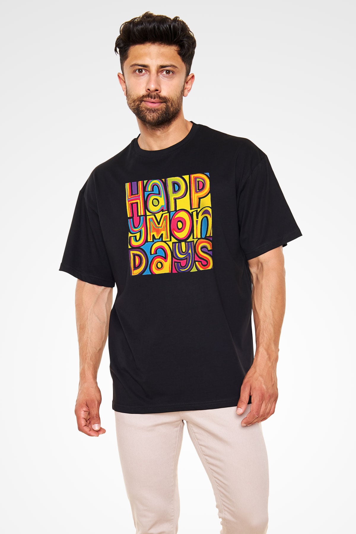 Happy Mondays Baskılı Unisex Siyah Oversize Tişört - Tshirt