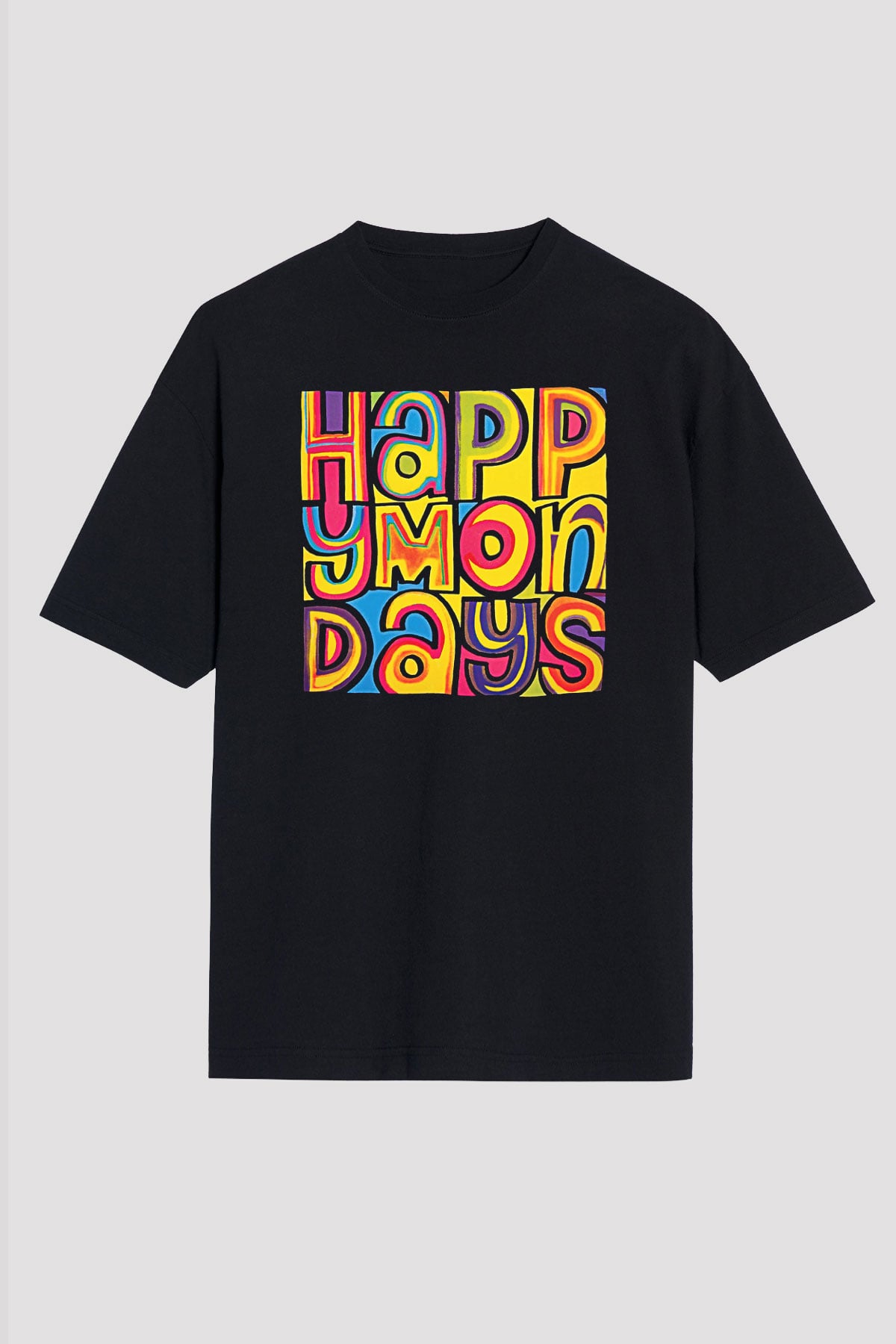 Happy Mondays Baskılı Unisex Siyah Oversize Tişört - Tshirt