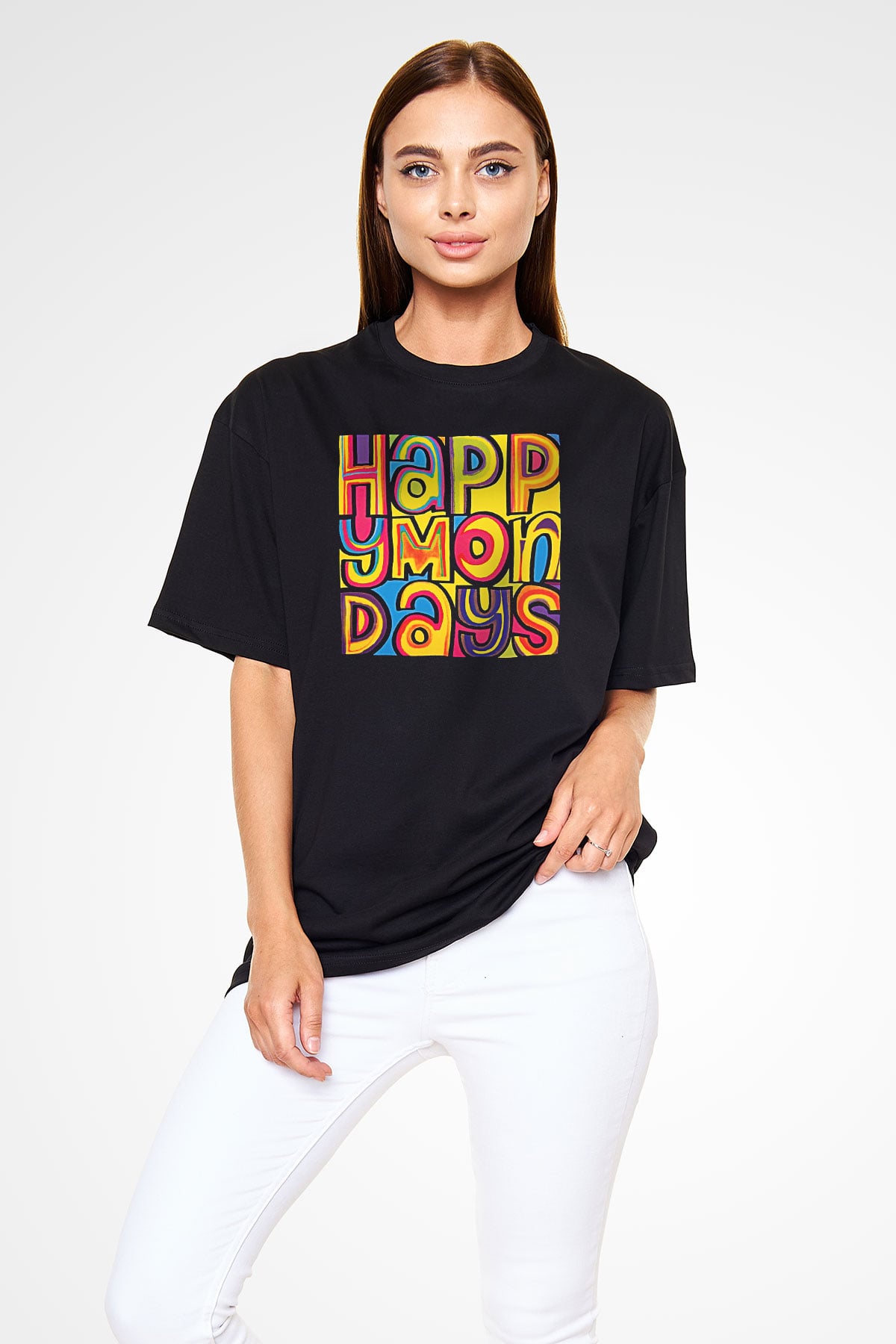 Happy Mondays Baskılı Unisex Siyah Oversize Tişört - Tshirt