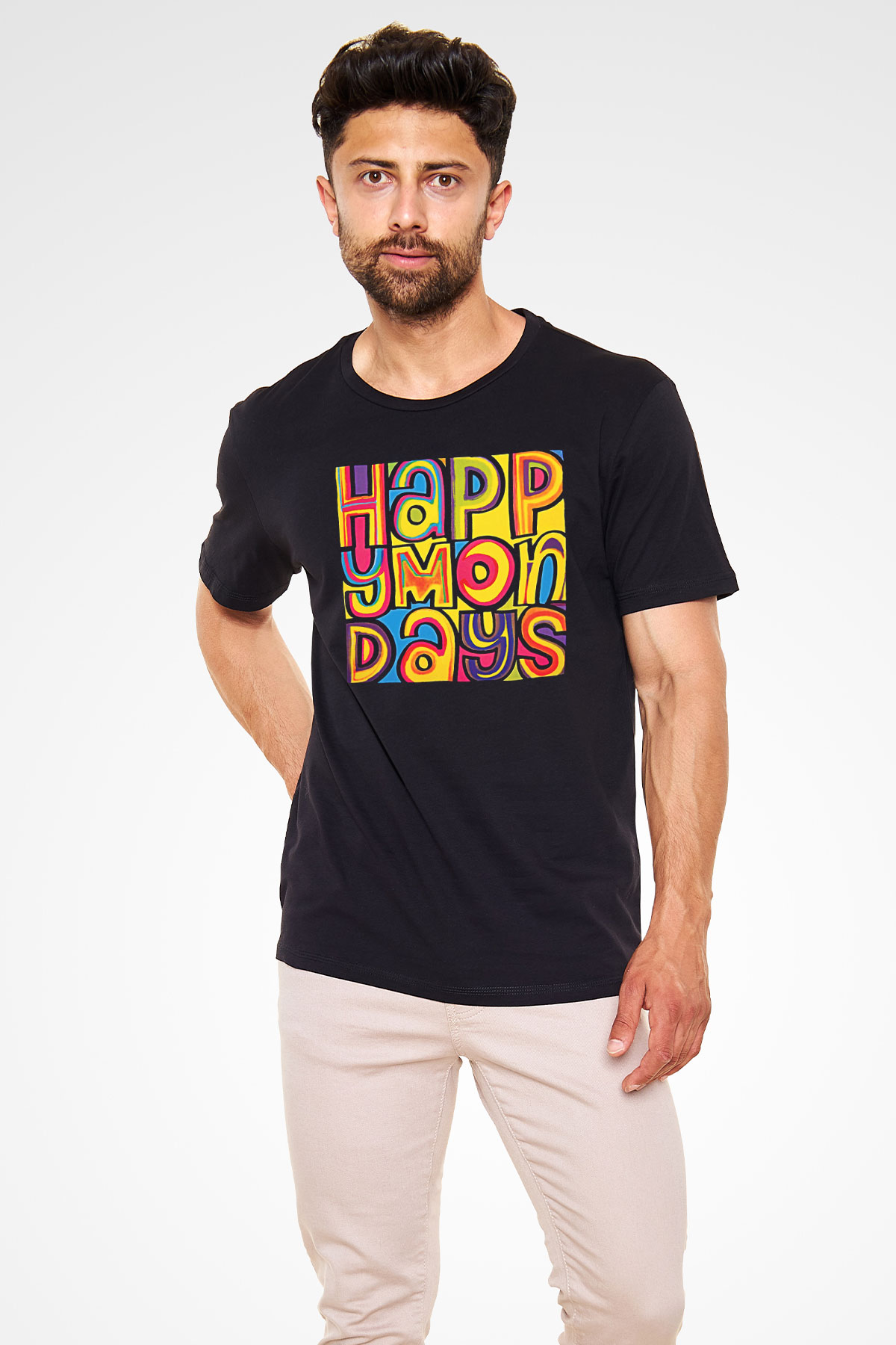 Happy Mondays Baskılı Unisex Siyah Tişört - Tshirt