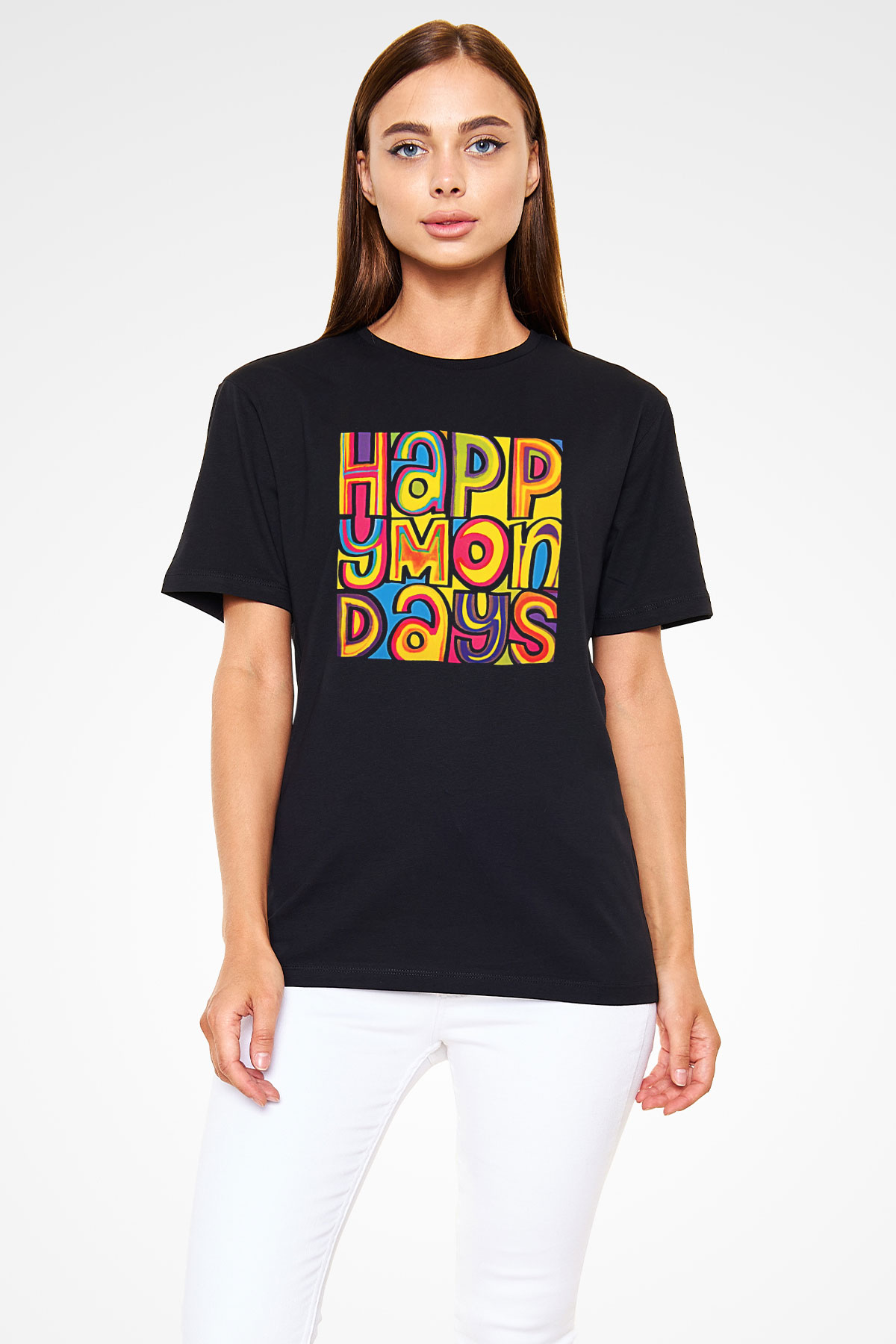 Happy Mondays Baskılı Unisex Siyah Tişört - Tshirt