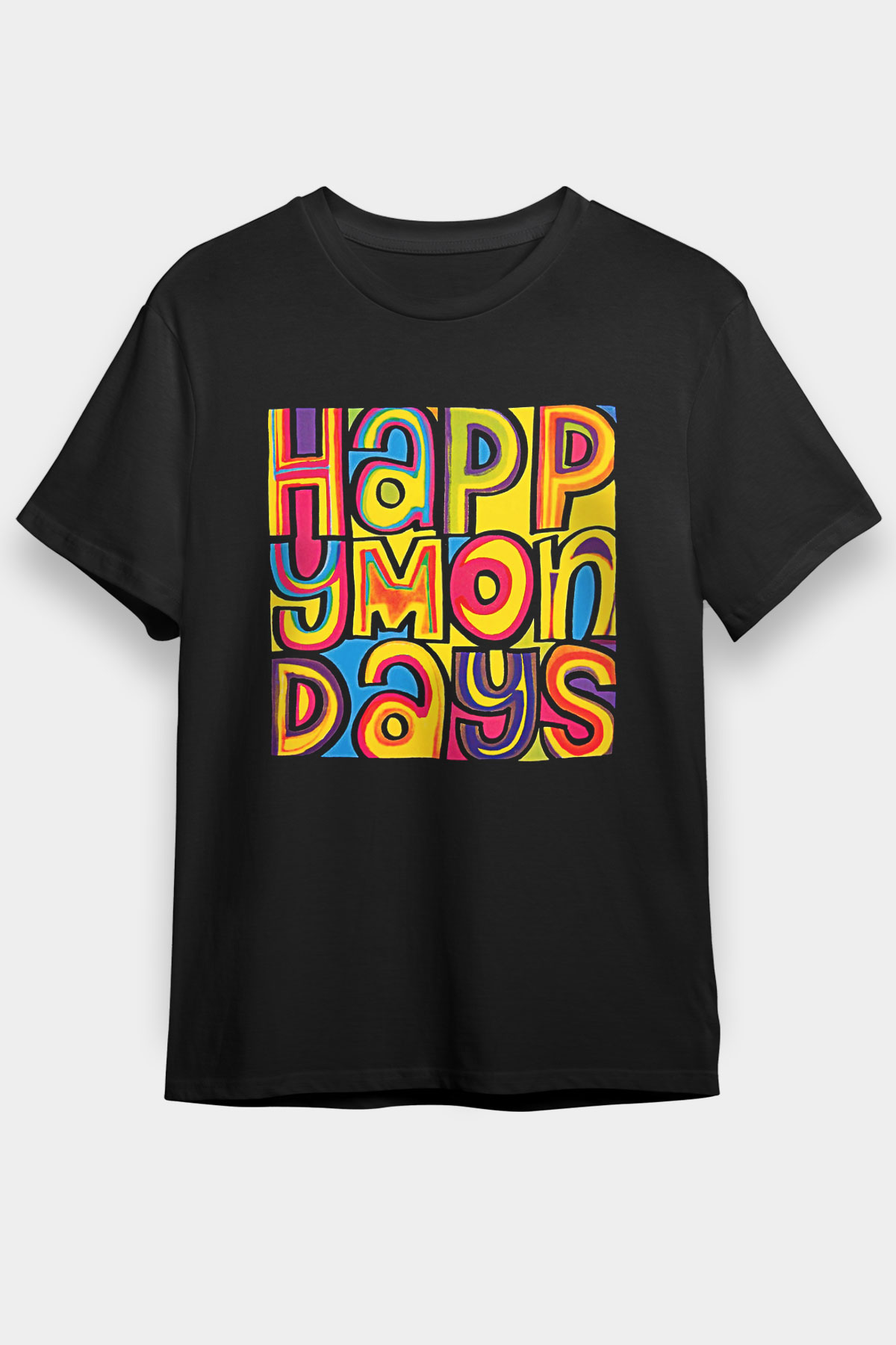 Happy Mondays Baskılı Unisex Siyah Tişört - Tshirt