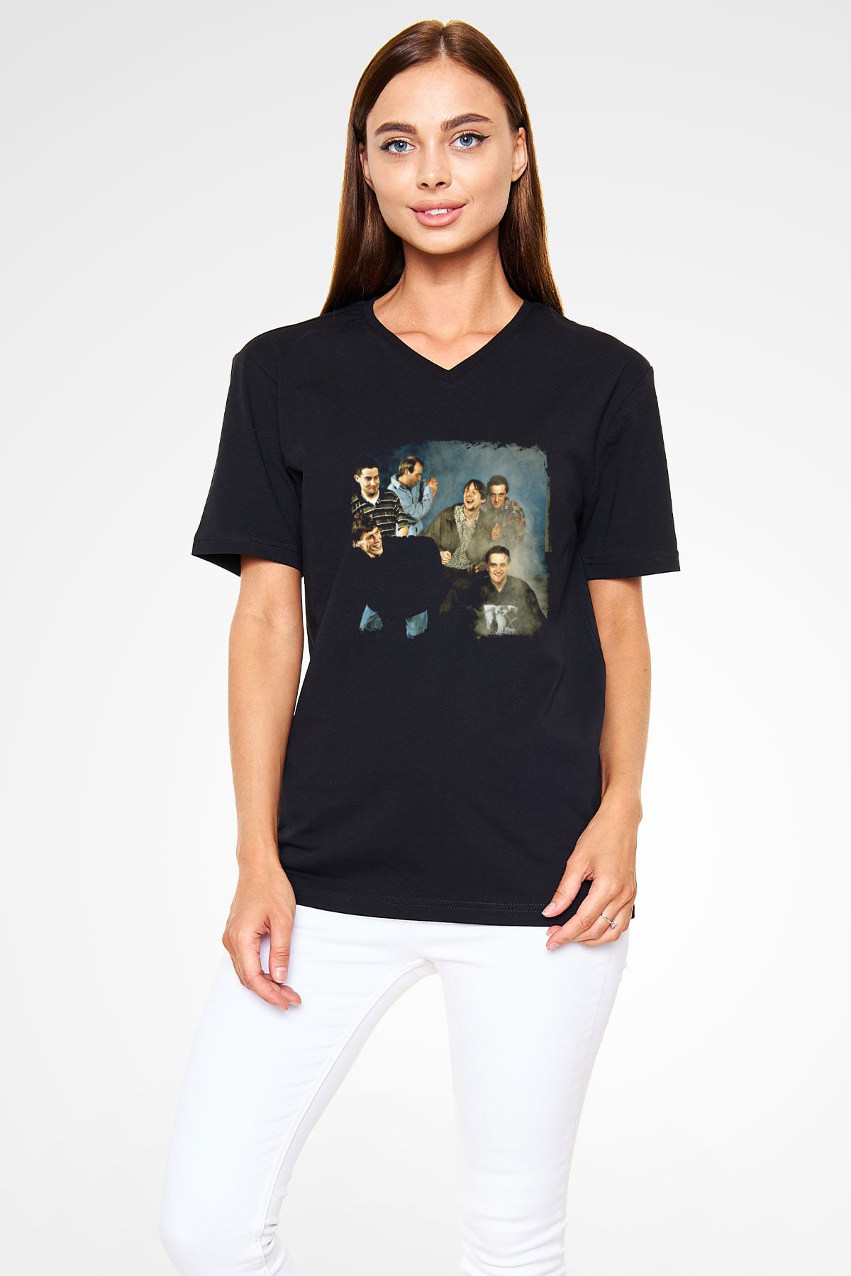 Happy Mondays Baskılı Unisex Siyah V Yaka Tişört
