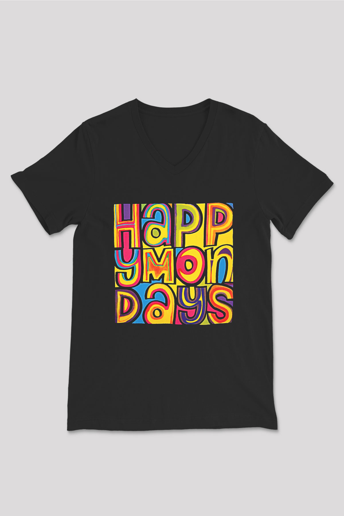 Happy Mondays Baskılı Unisex Siyah V Yaka Tişört - Tshirt