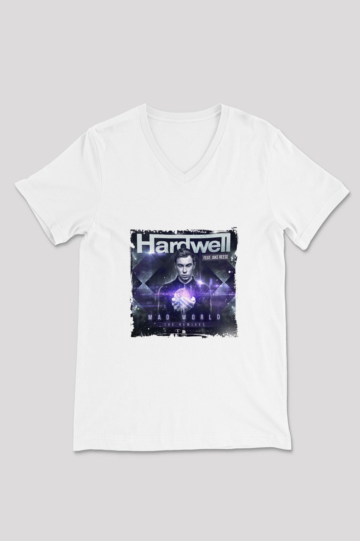 Hardwell Baskılı Beyaz V Yaka Unisex Tişört