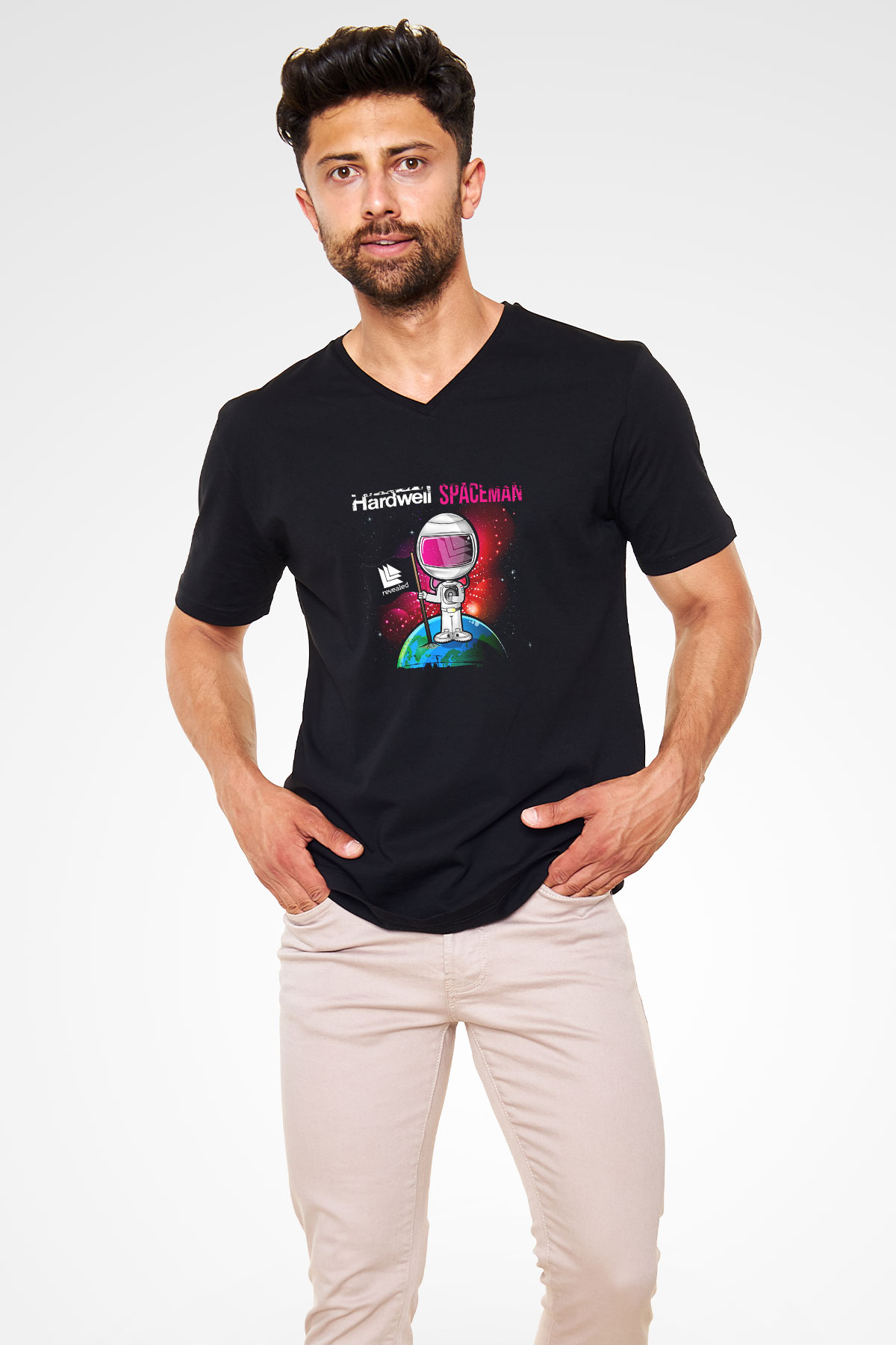 Hardwell Baskılı Unisex Siyah V Yaka Tişört