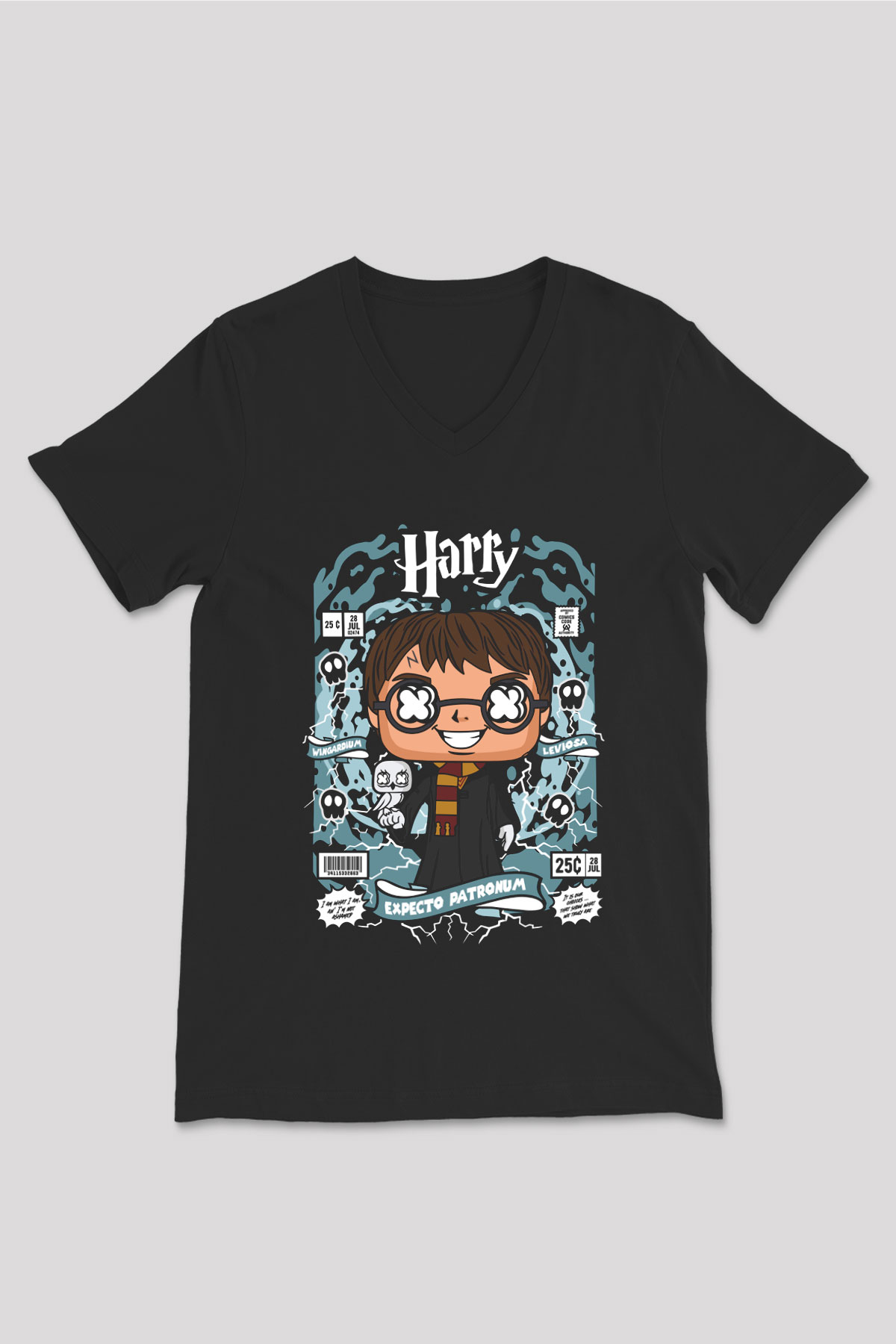 Harry Baskılı Unisex Siyah V Yaka Tişört