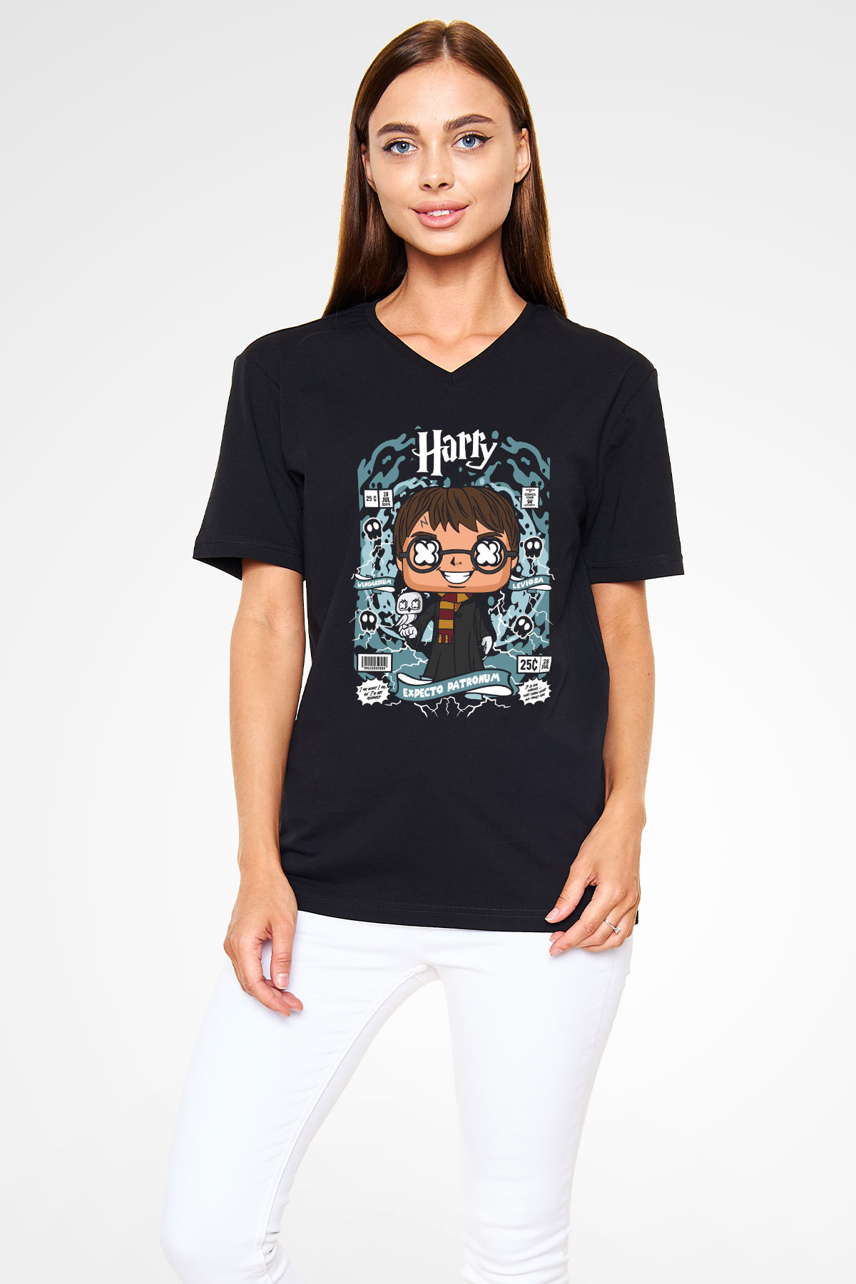 Harry Baskılı Unisex Siyah V Yaka Tişört