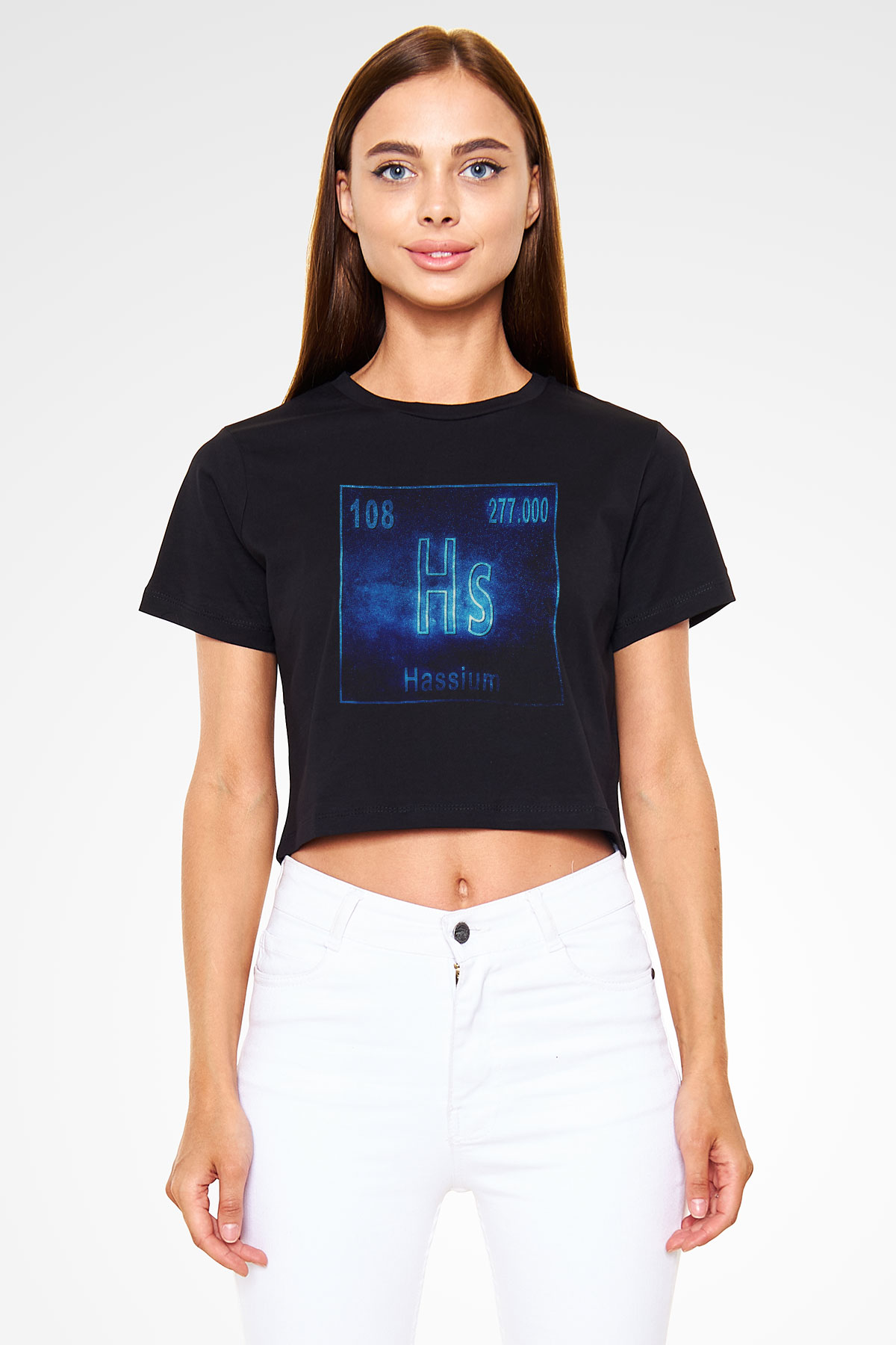 Hassiyum Atom Numarası Baskılı Siyah Kadın Crop Top Tişört