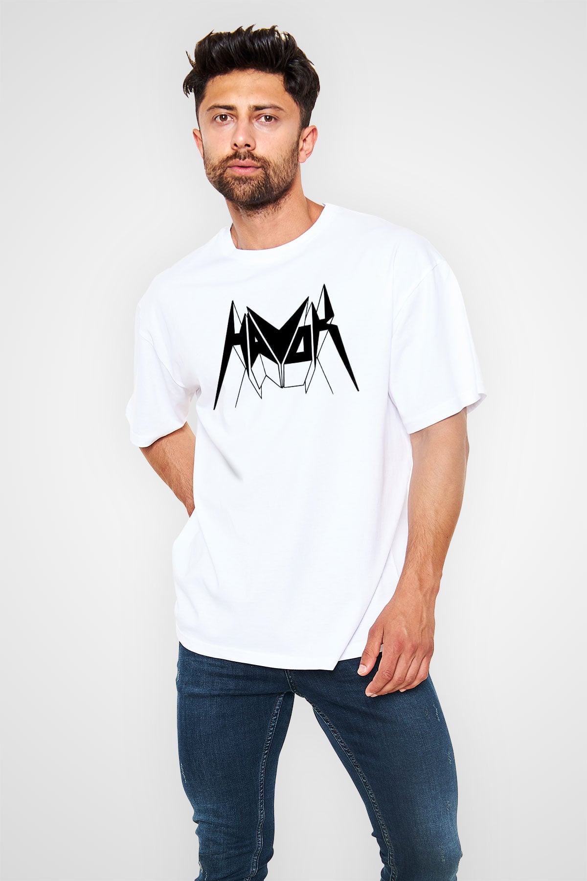 Havok Baskılı Beyaz Unisex Oversize Tişört - Tshirt