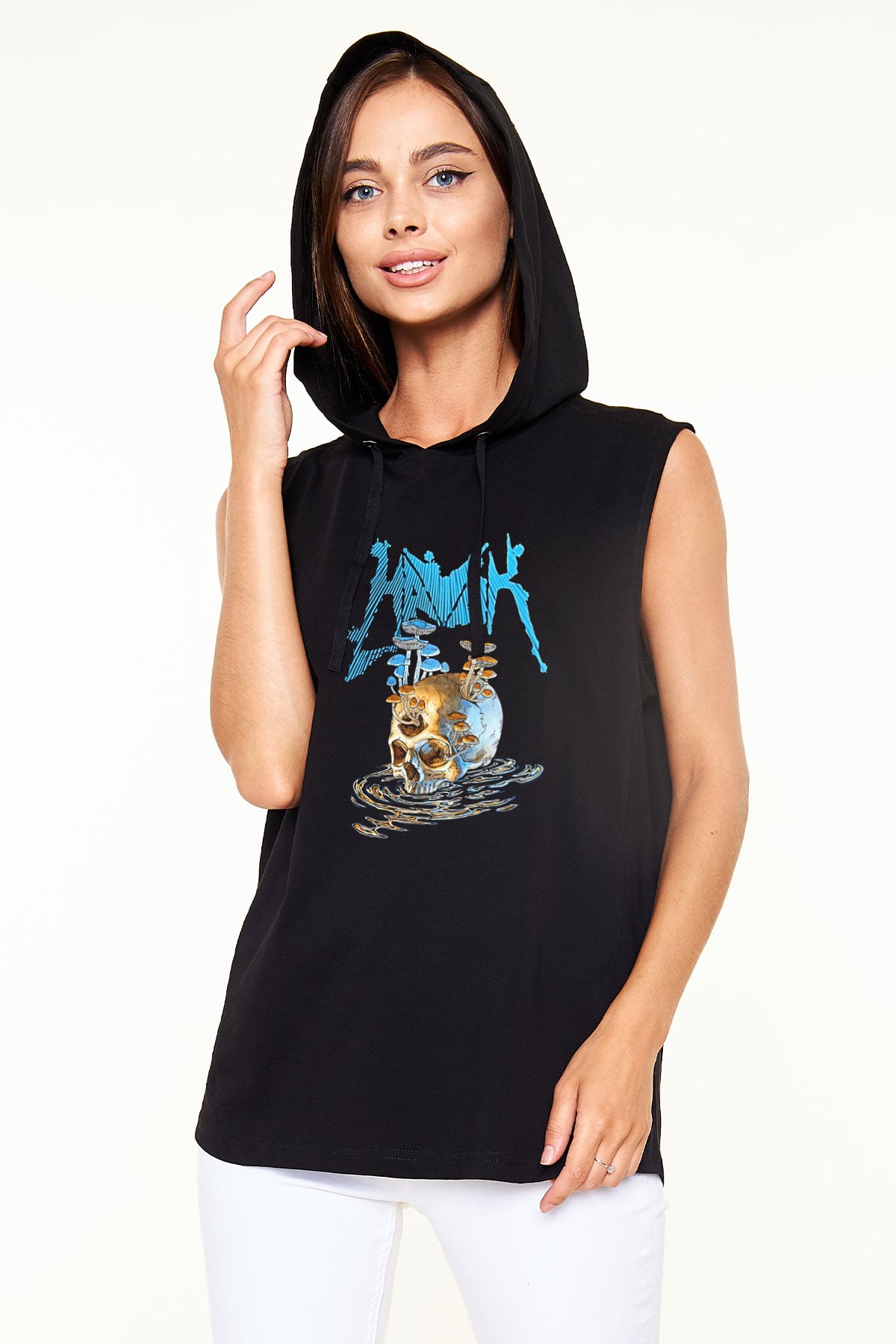 Havok Baskılı Unisex Siyah Kapüşonlu Kolsuz Tişört - Tshirt
