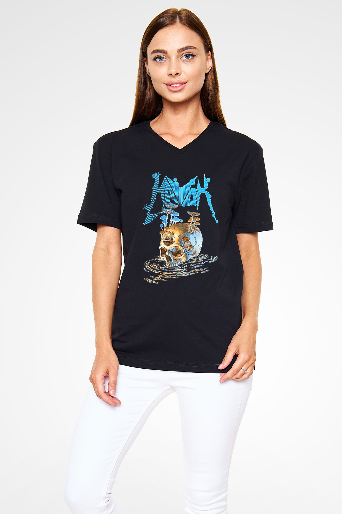 Havok Baskılı Unisex Siyah V Yaka Tişört - Tshirt