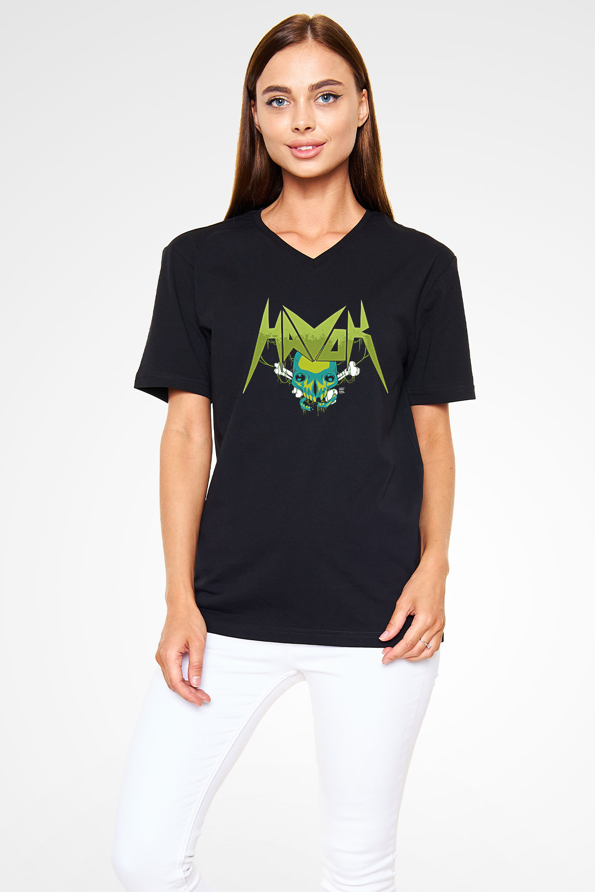 Havok Baskılı Unisex Siyah V Yaka Tişört - Tshirt