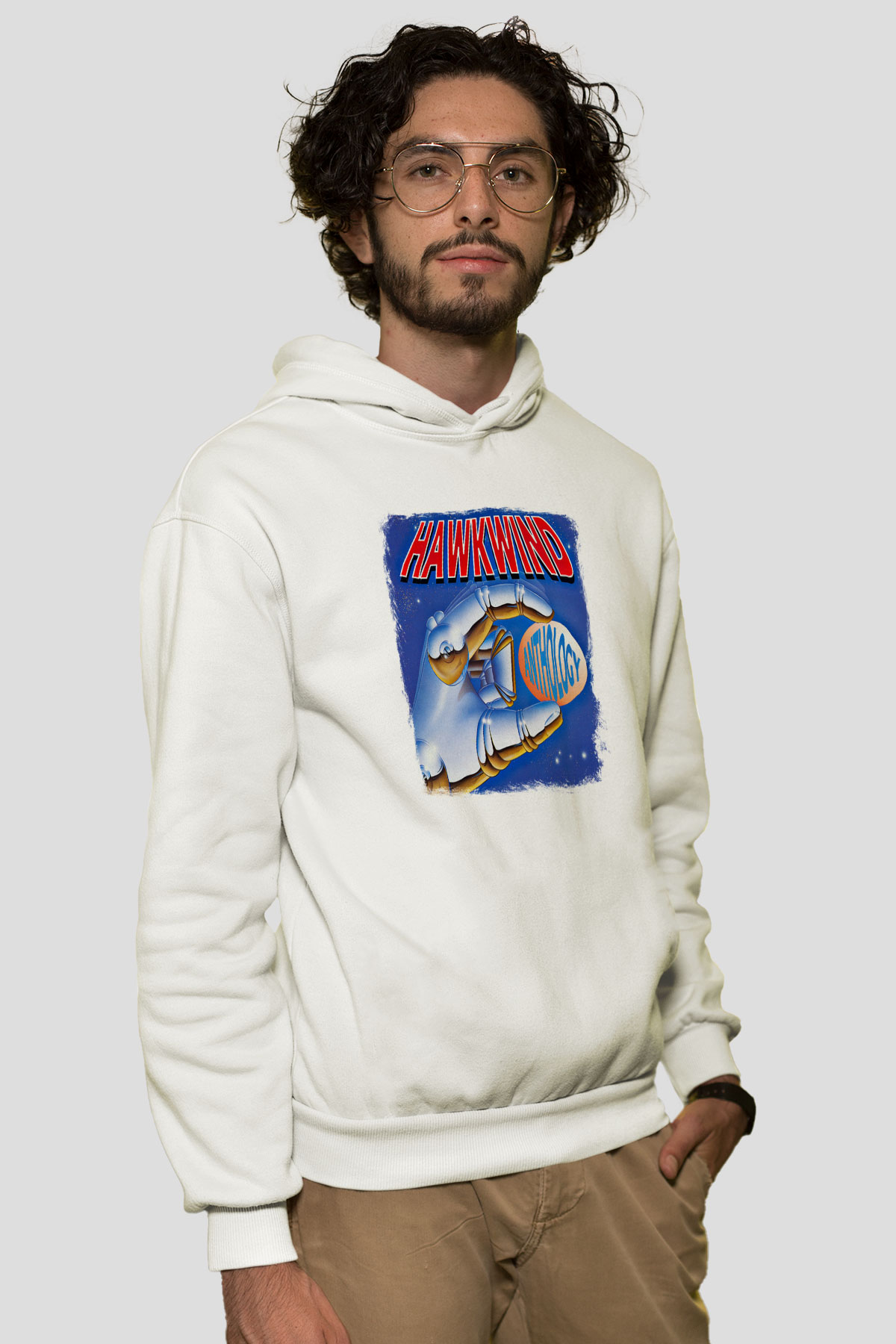 Hawkwind Baskılı Unisex Beyaz Hoodie