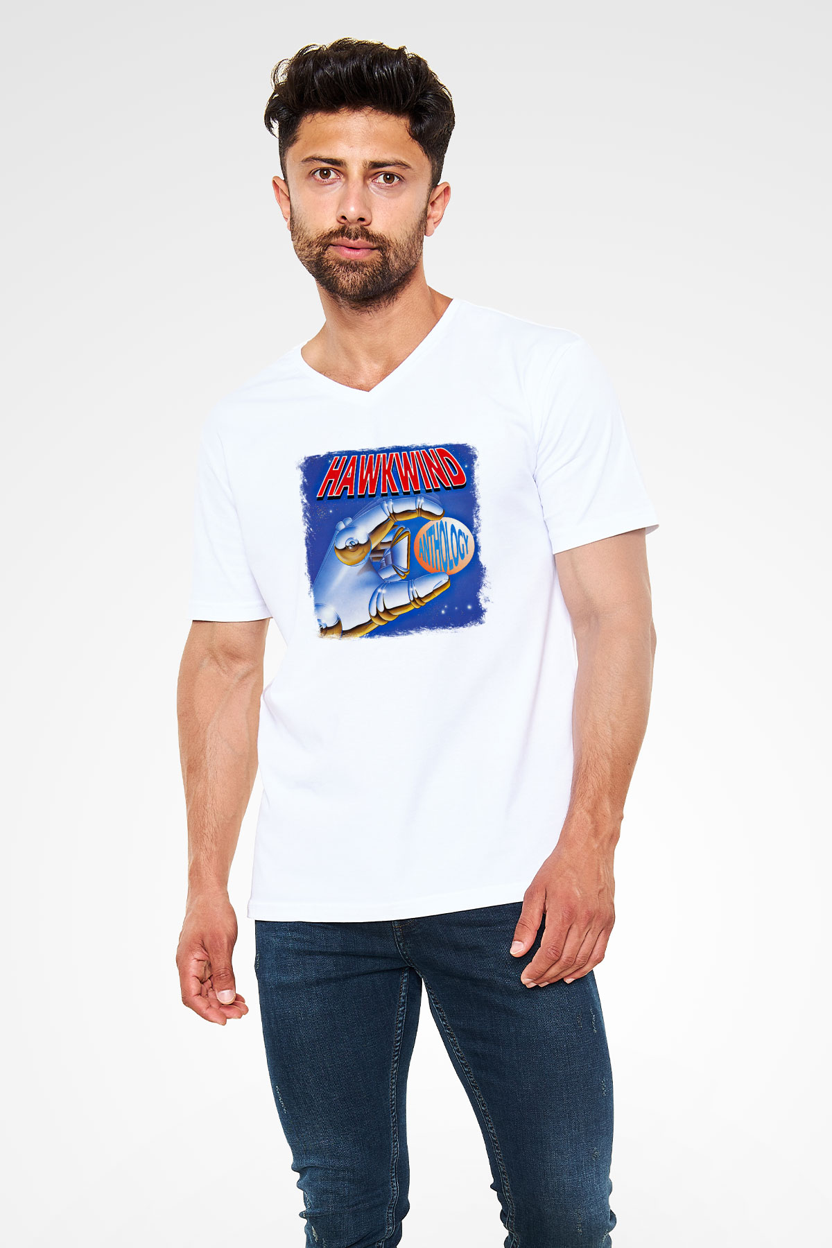 Hawkwind Baskılı Unisex Beyaz V Yaka Tişört