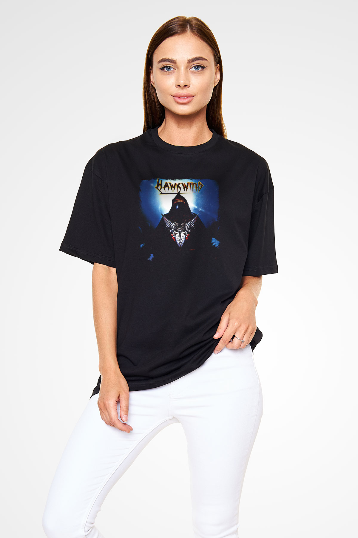 Hawkwind Baskılı Unisex Siyah Oversize Tişört