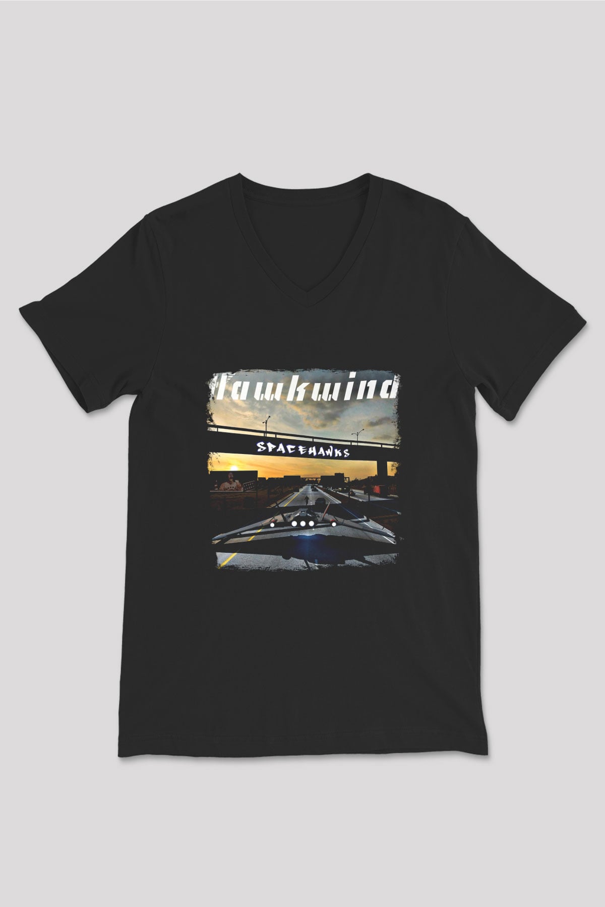 Hawkwind Baskılı Unisex Siyah V Yaka Tişört