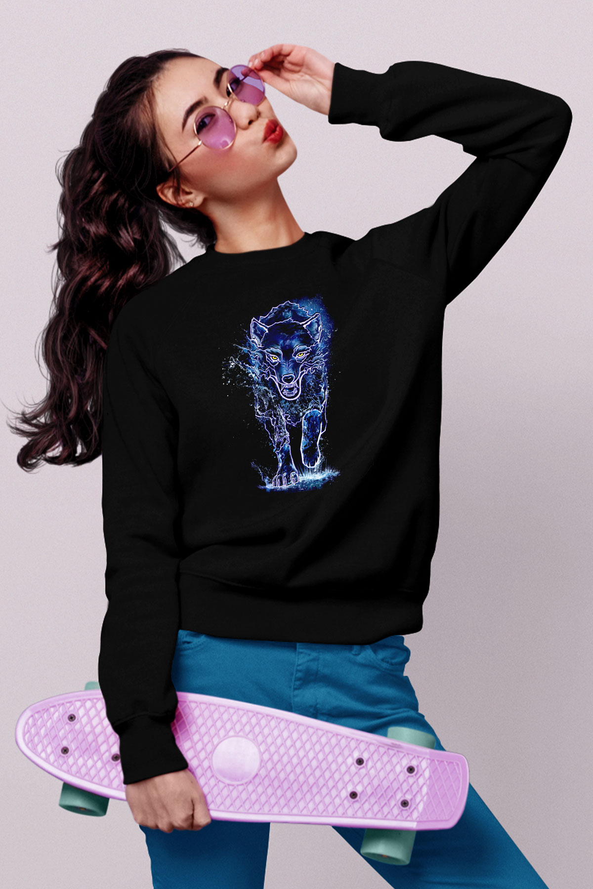 Hayalet Kurt Baskılı Unisex Siyah  Sweatshirt