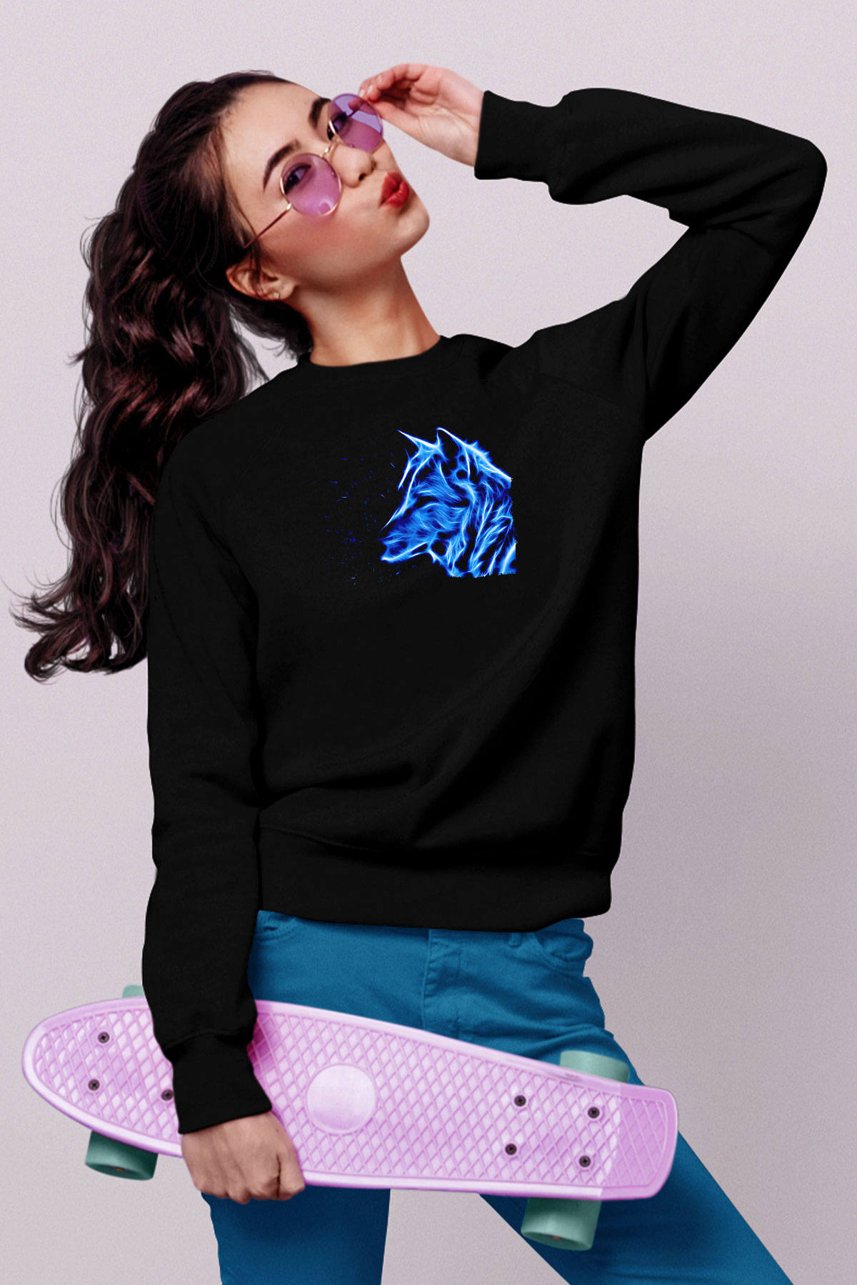 Hayalet Kurt Baskılı Unisex Siyah  Sweatshirt